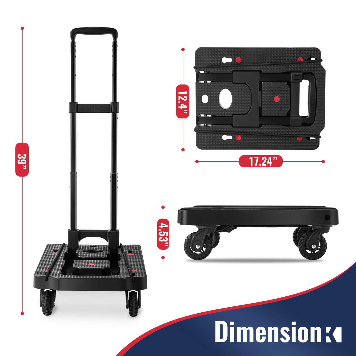 KOSTANZO Folding Hand Truck - Lightweight 4-Wheel Dolly Cart with 2 Elastic Straps, Adjustable 3-Level Handle Collapsible Luggage Cart for Travel, Office, Shopping | Portable Utility Cart for Moving Boxes, Groceries & Suitcases
