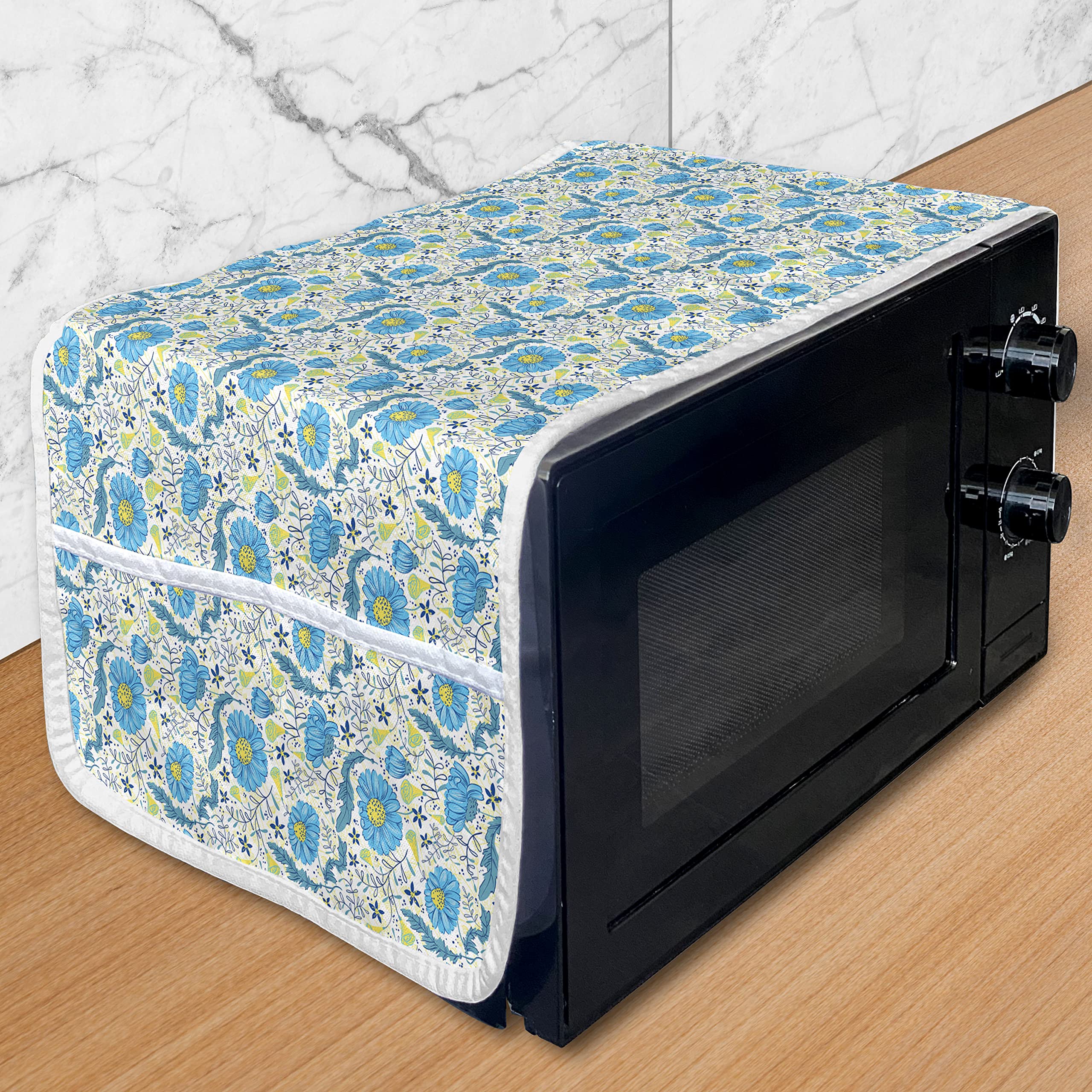 Lunarable Blue Floral Microwave Oven Cover - Water Resistant Kitchen Organizer with Pockets, Daisy Field Pattern with Doodle Leaves & Blossoms, 36 x 12 Inches, Blue Yellow Ivory - Perfect for Kitchen Countertop Protection & Microwave Storage
