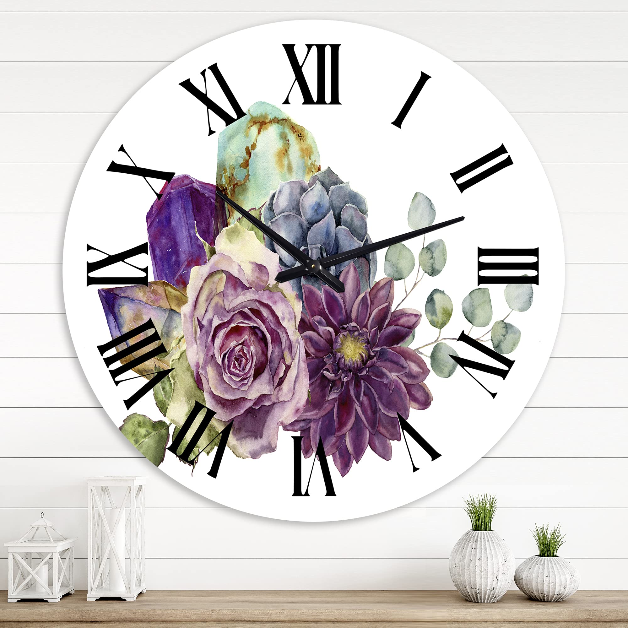 Large Floral Wall Clock with Succulents & Eucalyptus - Traditional Decorative Kitchen Clock for Home & Office Decor | Perfect for Farmhouse, Living Room, Bedroom, and Dining Area