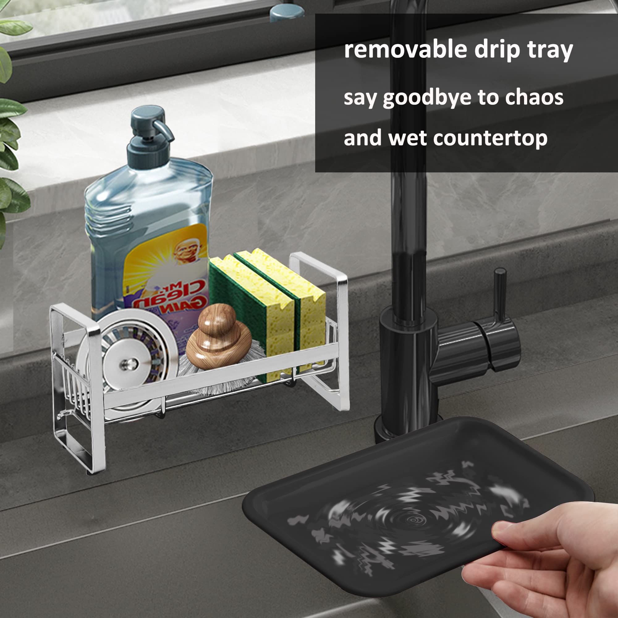 2 Pack Stainless Steel Kitchen Sponge Holder & Soap Caddy - Sink Organizer Tray for Kitchen Countertop - Silver & Black (2PCS) - Perfect for Dishwashing, Cleaning & Bathroom Organization