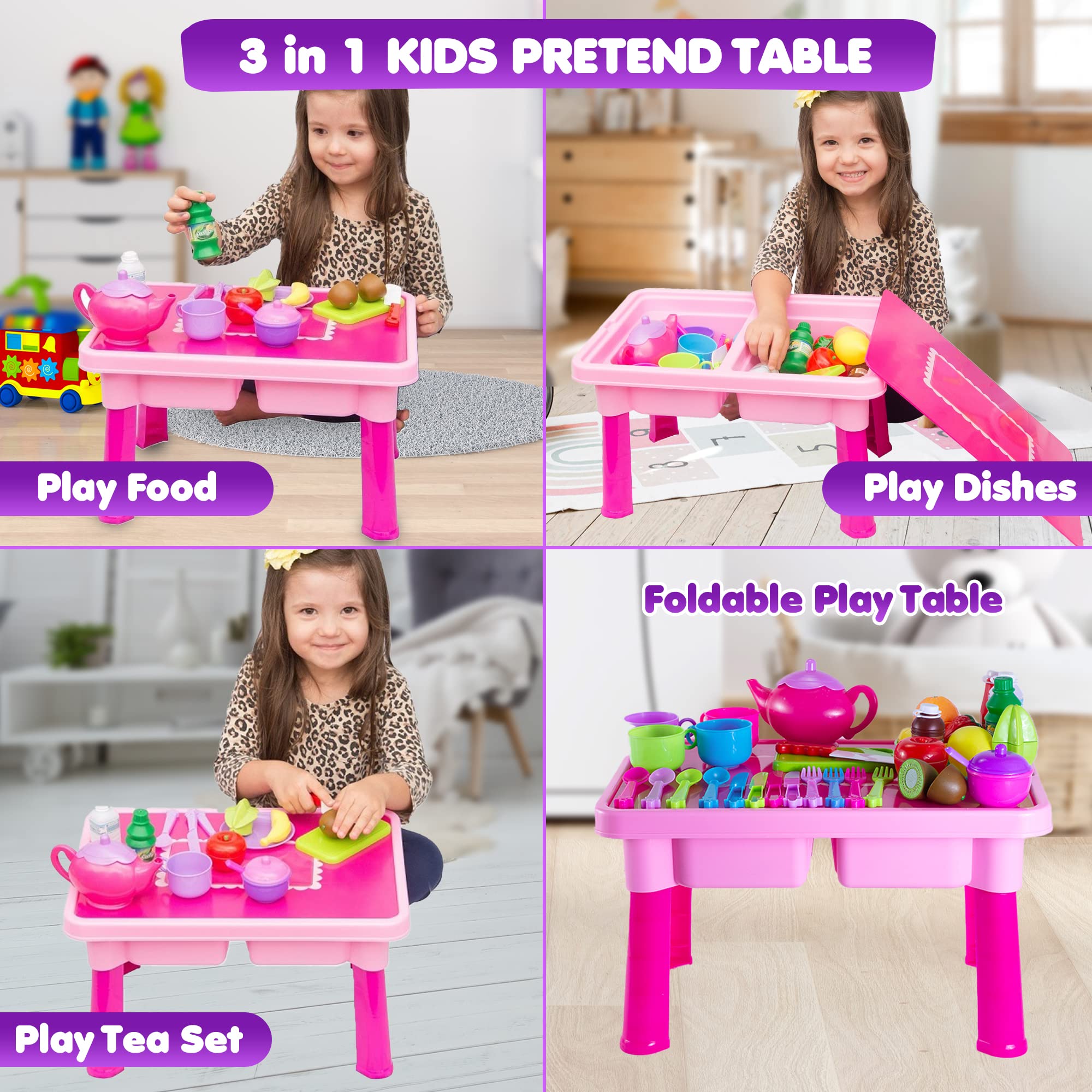 50-PCS Foldable Kids Play Kitchen Set with Toy Dishes, Tea Set & Utensils - Pretend Play Food, Cutting Fruits & Toy Knife for Toddler Girls | Perfect Gift for Birthday & Role-Playing Games at Home or Preschool