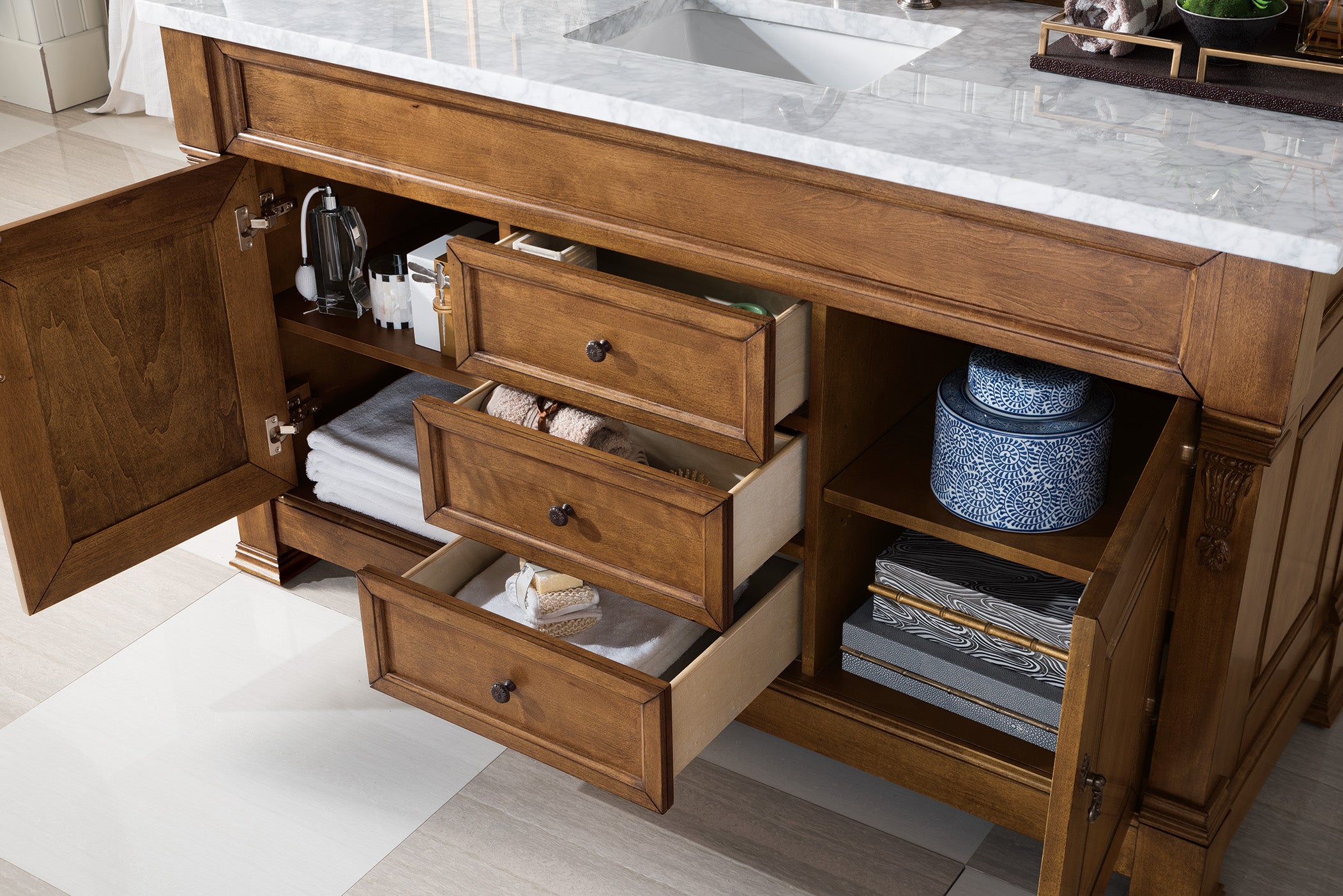 Brookfield 60 Inch Single Bathroom Vanity with Country Oak Finish & 3CM Carrara Marble Top - Perfect for Modern Farmhouse & Rustic Bathroom Designs