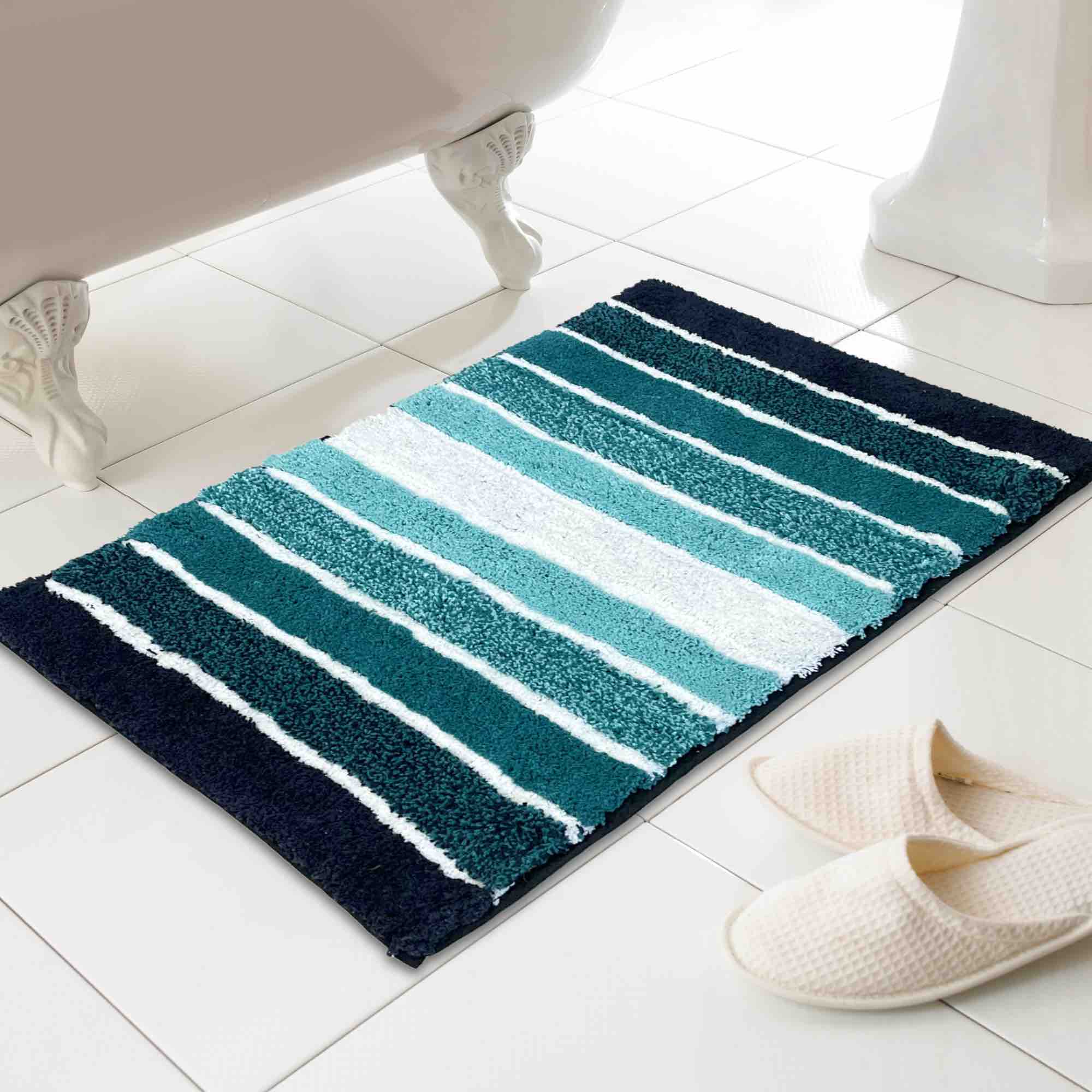 Premium Tonal Stripe Bath Mat in Teal - Soft, Absorbent & Non-Slip Bathroom Rug for Showers & Bathtubs - Perfect for Modern & Cozy Home Decor
