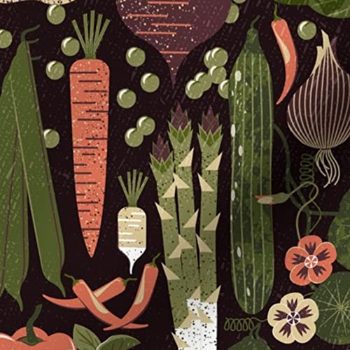 Premium Spoonflower Fabric - Black & Green Vegetable Garden Print on Denim by The Yard - Heavyweight Cotton for Apparel, Home Decor & Upholstery - Perfect for DIY Curtains, Table Runners & Craft Projects