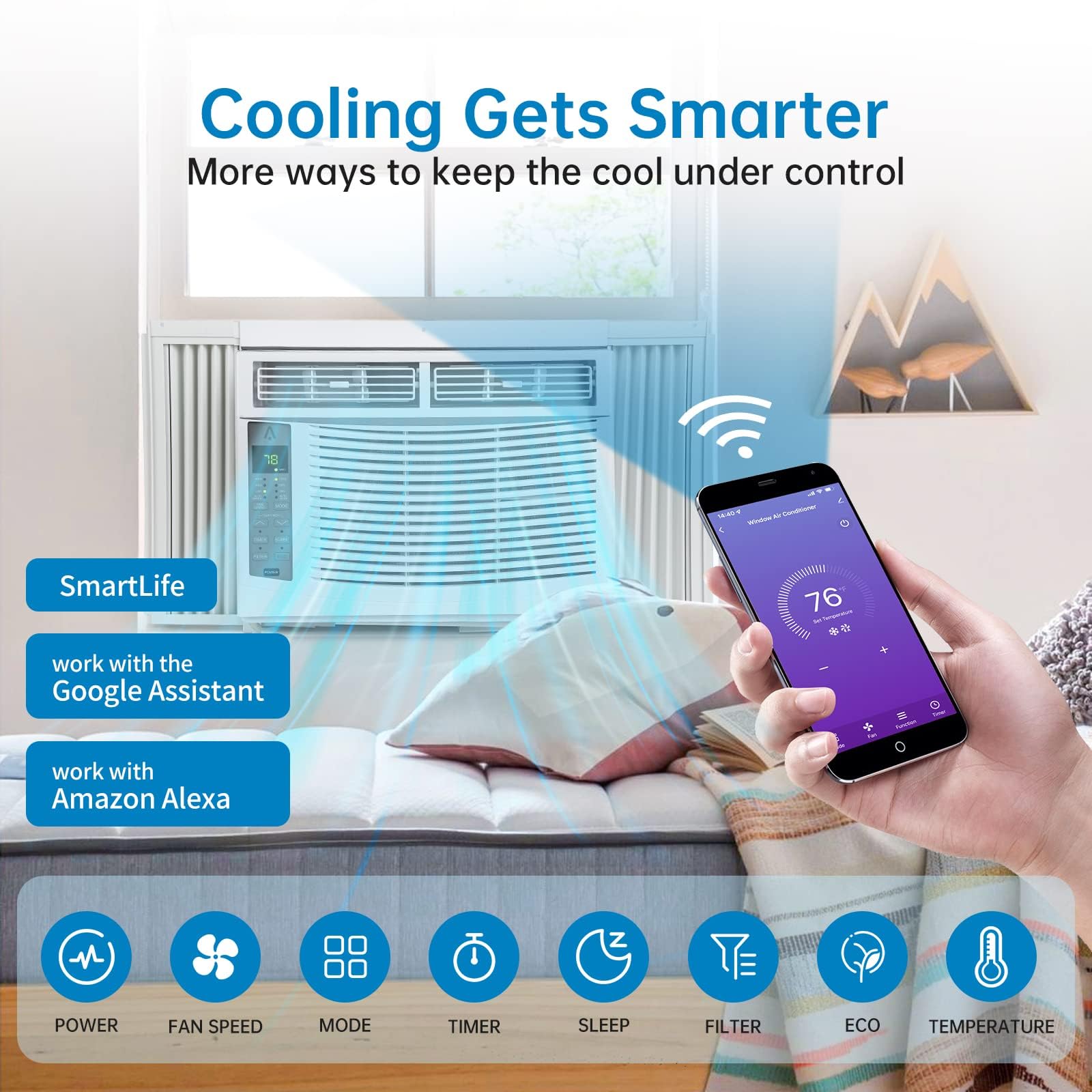 6,000 BTU Smart Wi-Fi Window Air Conditioner with Remote & App Control - Cools 350 Sq. Ft Rooms - Auto Restart & 24H Timer - Perfect for Bedrooms, Offices & Small Apartments (115V/60Hz, White)
