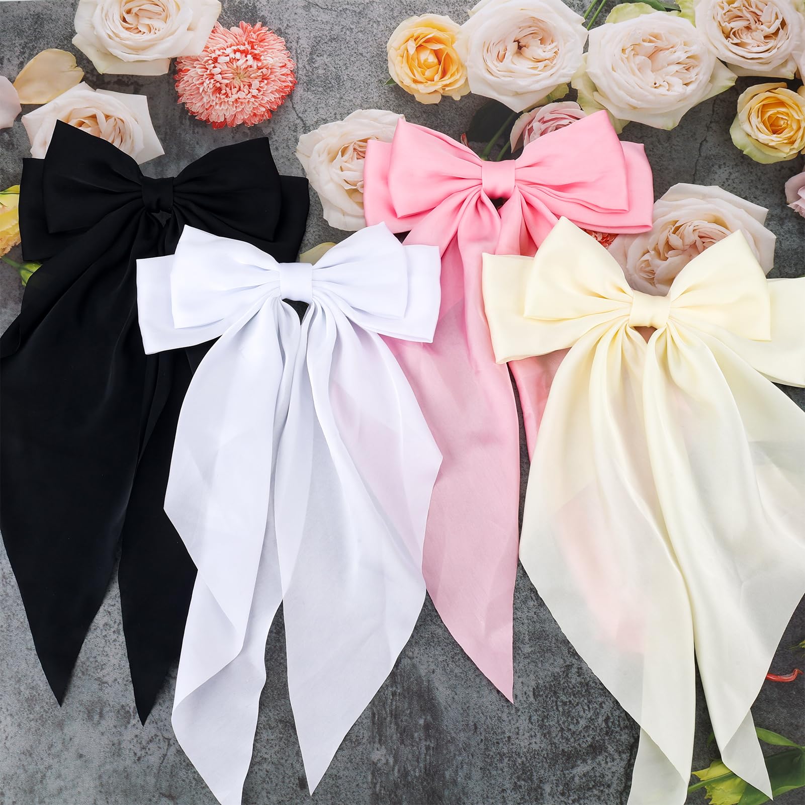 4Pcs Elegant Satin Hair Bows for Women - Large Black & White Pink Hair Clips with Long Tails - Cute Bowknot Barrettes for Girls & Adults | Perfect for Weddings, Parties, Daily Styling & Aesthetic Hair Accessories