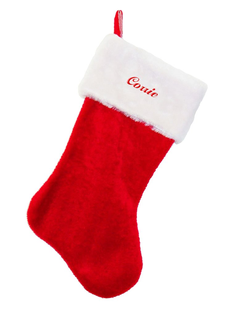 Personalized Corrie Embroidered Christmas Stocking - Red Plush Holiday Stocking with Name for Fireplace Decor, Gift Giving & Festive Home Decoration