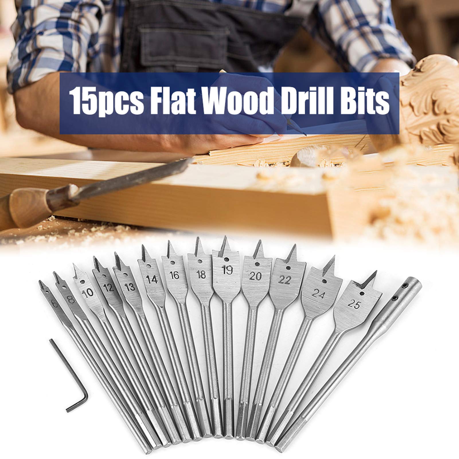 15pcs Carbon Steel Hex Shank Spade Flat Wood Drill Bit Set (6-25mm) - High Performance Woodworking Hole Saw for Power Tools | Perfect for DIY Projects, Furniture Making & Carpentry Work