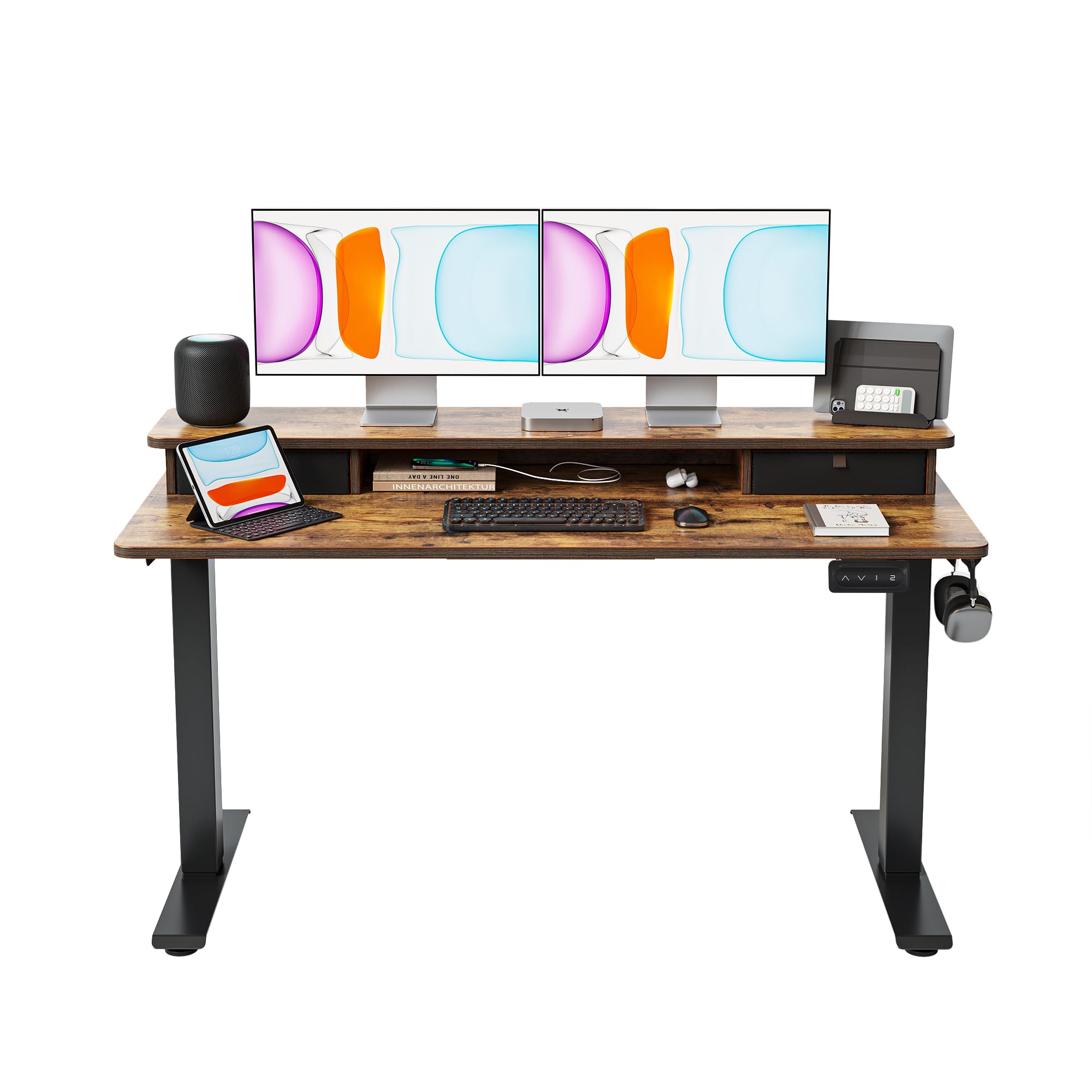 BANTI 55x24 Inch Electric Standing Desk with Double Drawers - Adjustable Height Sit Stand Desk for Home Office, Storage Shelf & Vintage Brown Top - Perfect for Remote Work, Gaming & Study Spaces