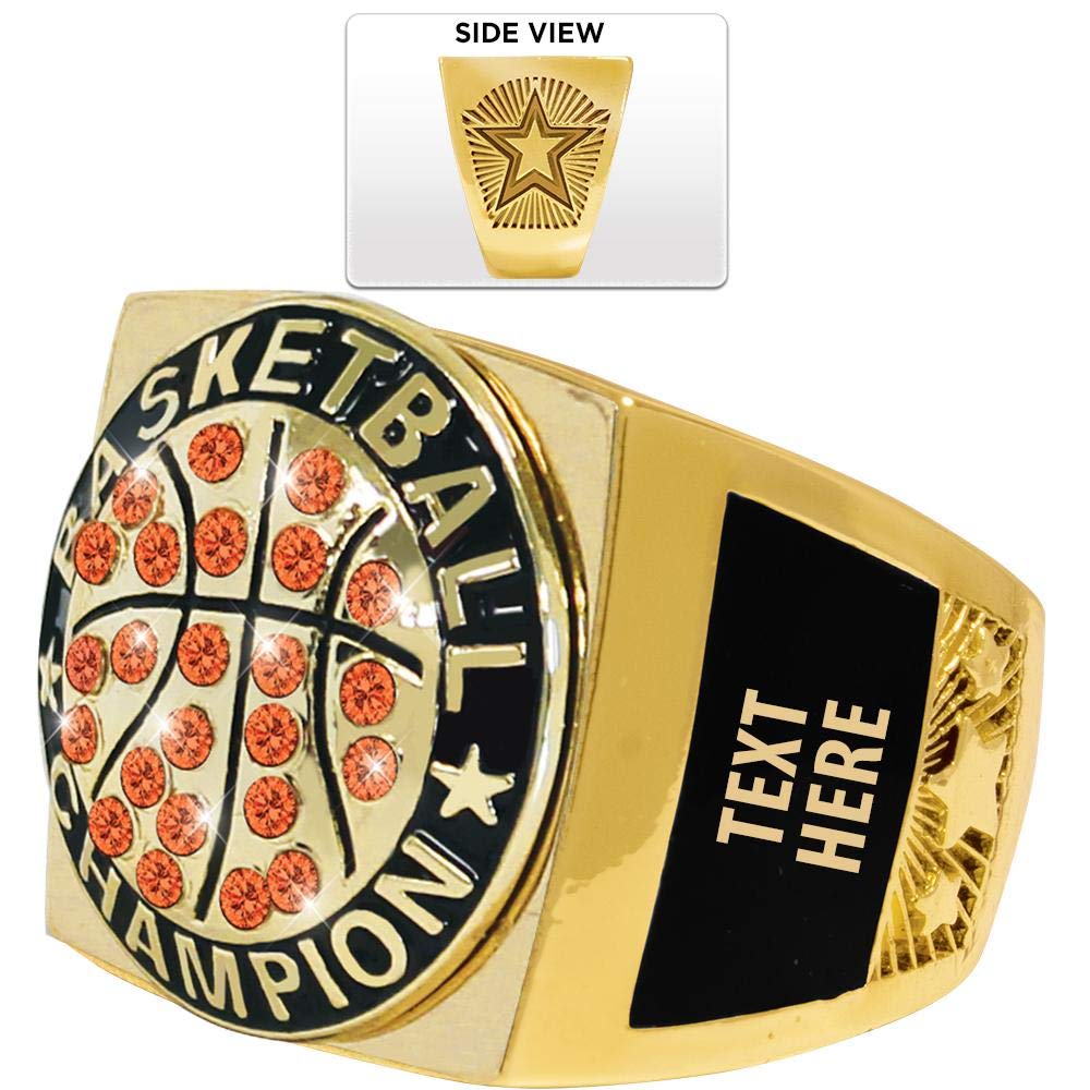 Custom Engraved Gold Basketball Championship Ring - Personalized Premiere Crown Awards Trophy Ring for Players & Teams - Perfect for NBA, College, High School Basketball Awards & Gifts