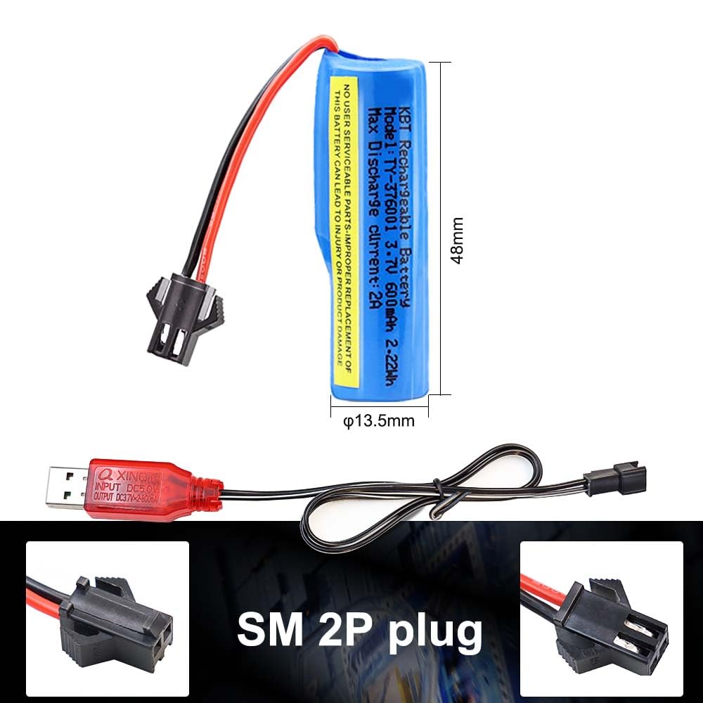 KBT 2 Pack 3.7V 600mAh Li-ion Rechargeable Battery with SM-2P Plug & Charger Cable - Compatible with RC Cars, Trucks, Boats, Stunt Cars - Perfect for Hobbyists and Remote Control Enthusiasts