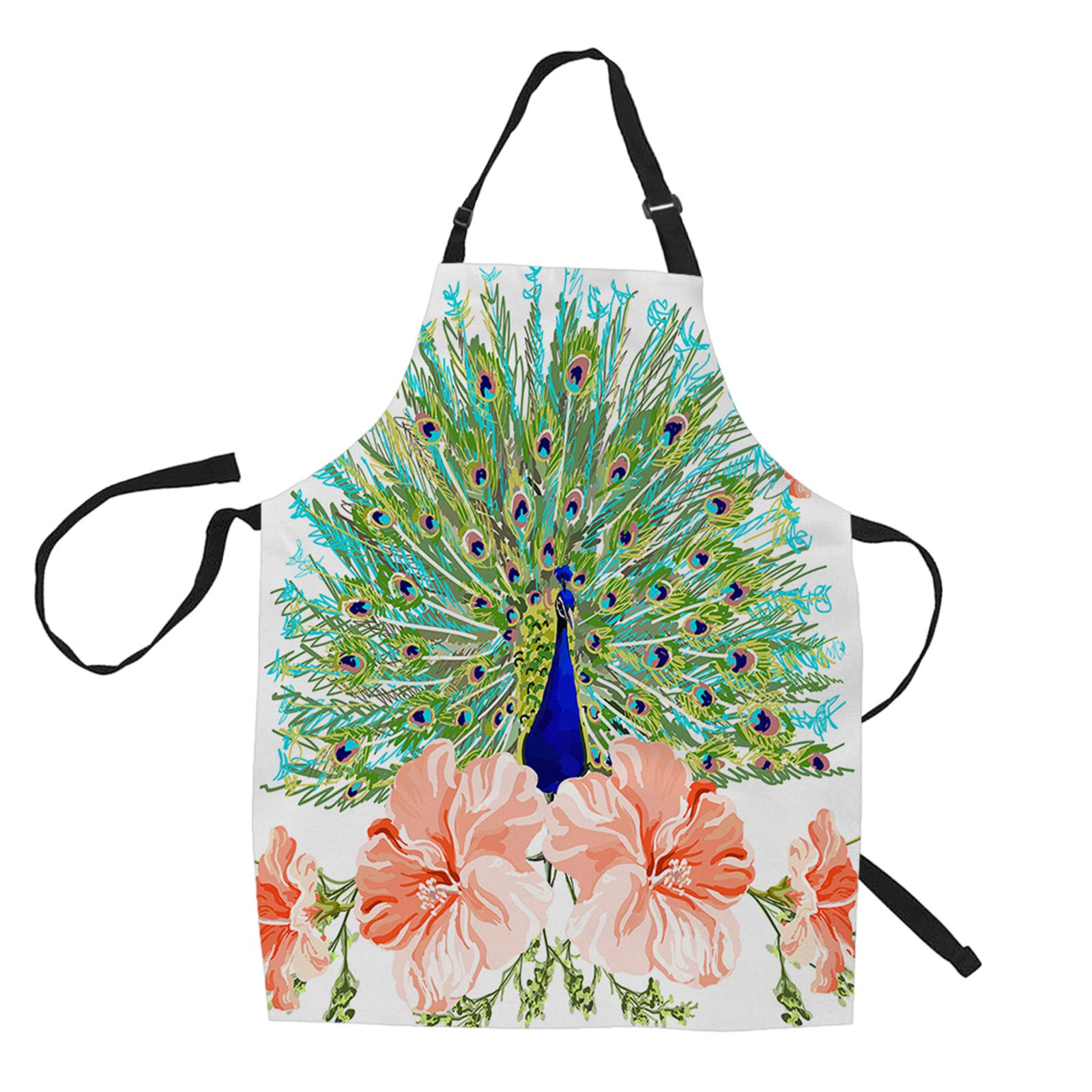HGOD DESIGNS Peacock Kitchen Apron for Women & Men - Adjustable Cooking Gardening Apron with Elegant Spring Flowers & Peacock Design, Adult Size Bib - Perfect for Home Cooking, BBQ, Baking and Outdoor Activities