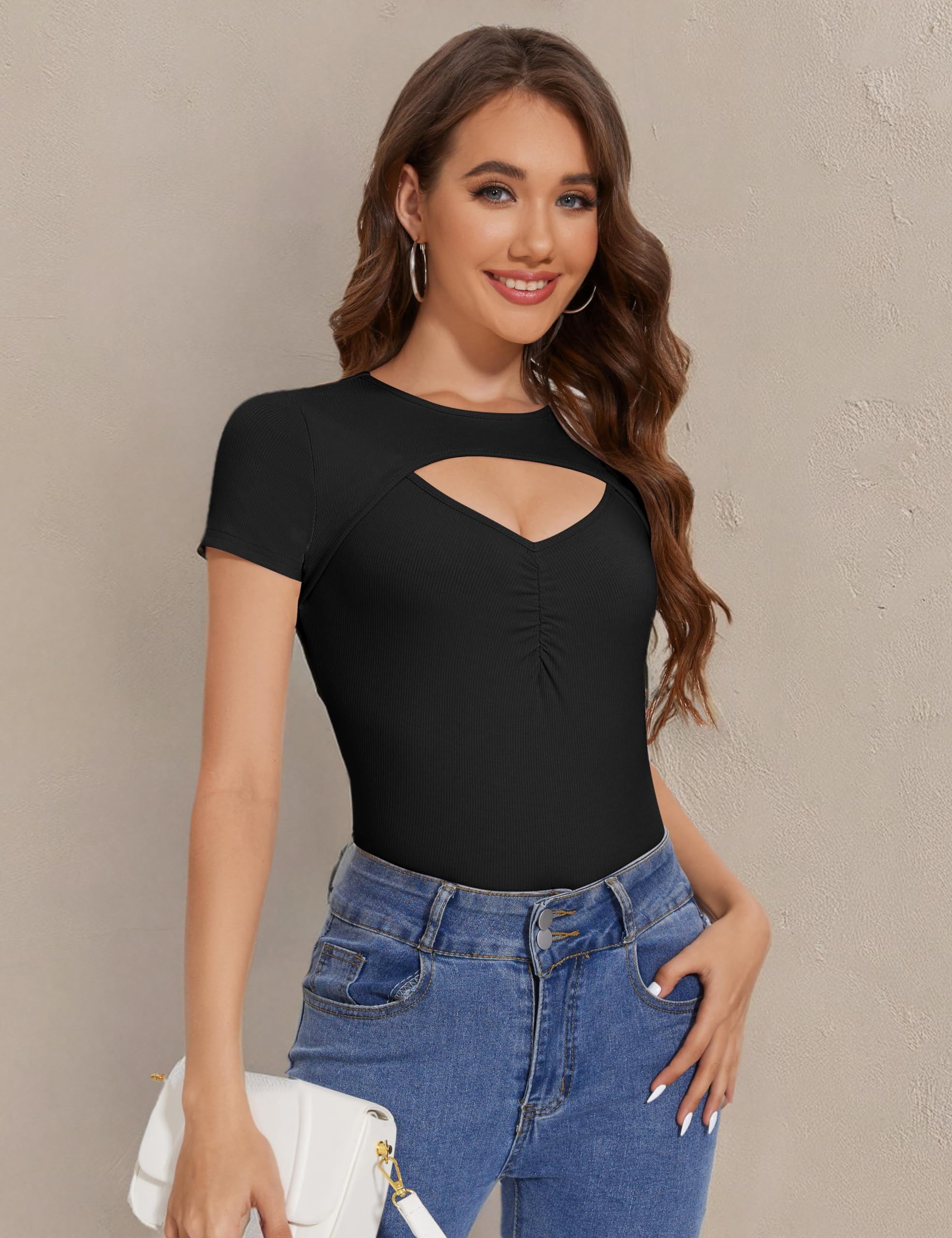 KTILG Women's Sexy Ribbed Knit Cut Out Front Short Sleeve T-Shirt - Slim Fitted Tee for Casual Wear & Night Out (Sizes S-XXL) | Perfect for Date Nights, Parties & Summer Outfits