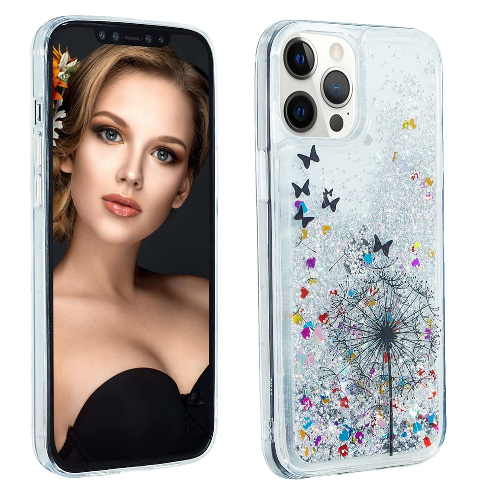 Glitter Liquid Case for iPhone 13 Pro Max - Sparkle Sequin Floating Quicksand Transparent TPU Shockproof Protective Cover - Dandelion Design - Perfect for Parties, Nightlife & Everyday Protection