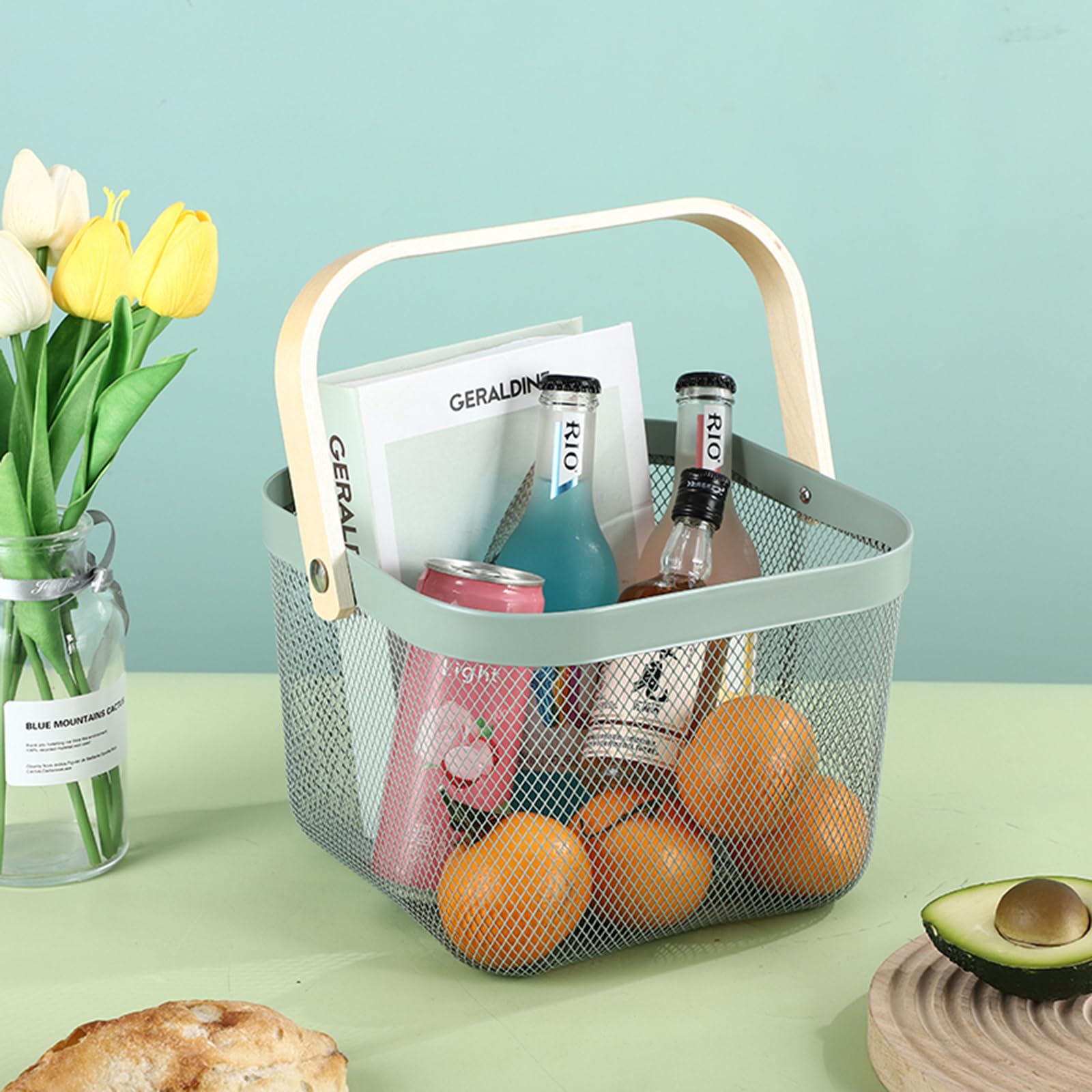 Stainless Steel Mesh Storage Basket with Bamboo Handle - 9.84 x 10.2 x 7 Inch Mint Green Organizer for Kitchen, Bathroom, Office & Laundry - Perfect for Fruits, Vegetables, Toys & Household Items