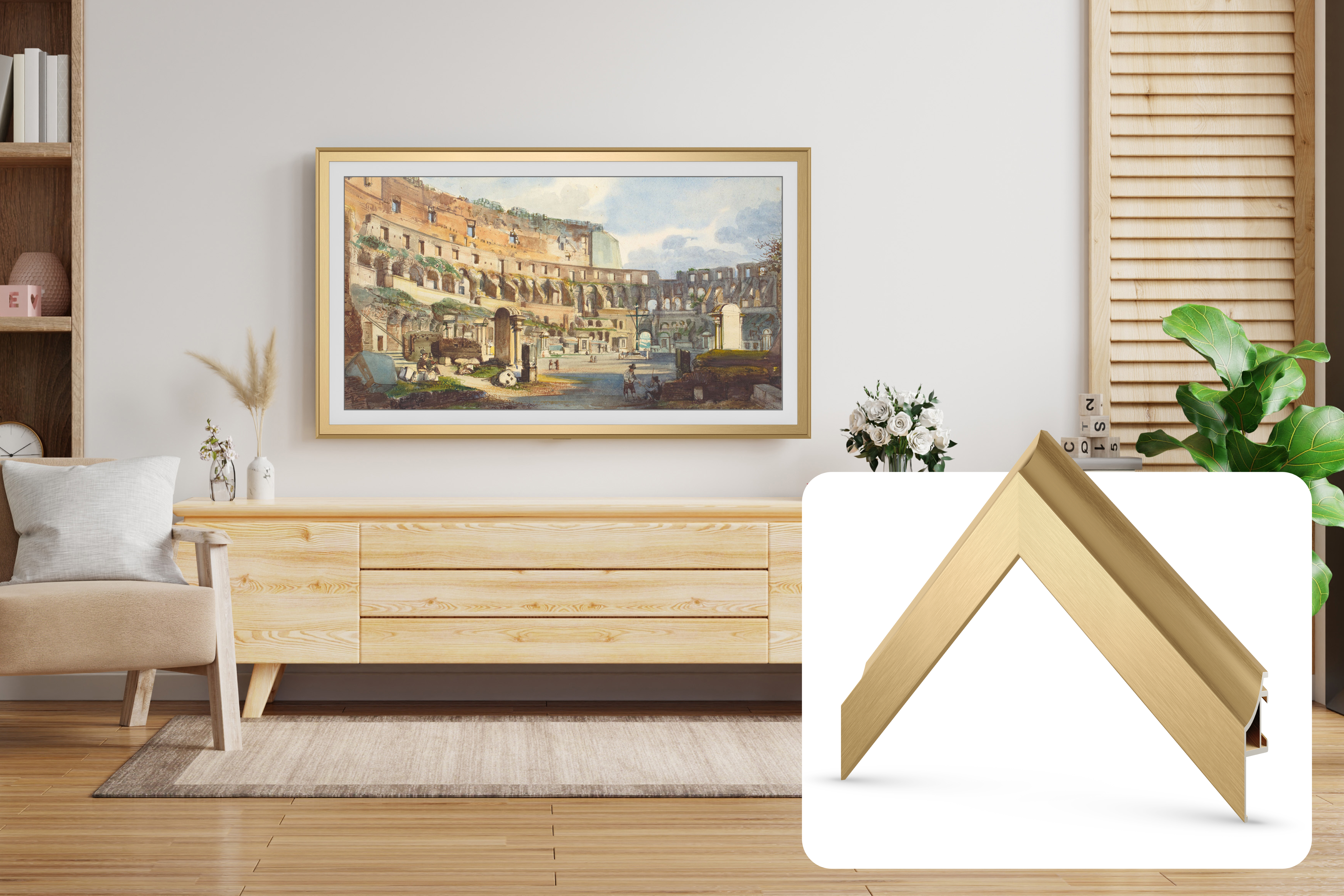 Samsung Frame TV Bezel - Pale Gold Alloy Scoop Design for Modern Home Decor | Perfect for Living Room & Bedroom Wall Mounting