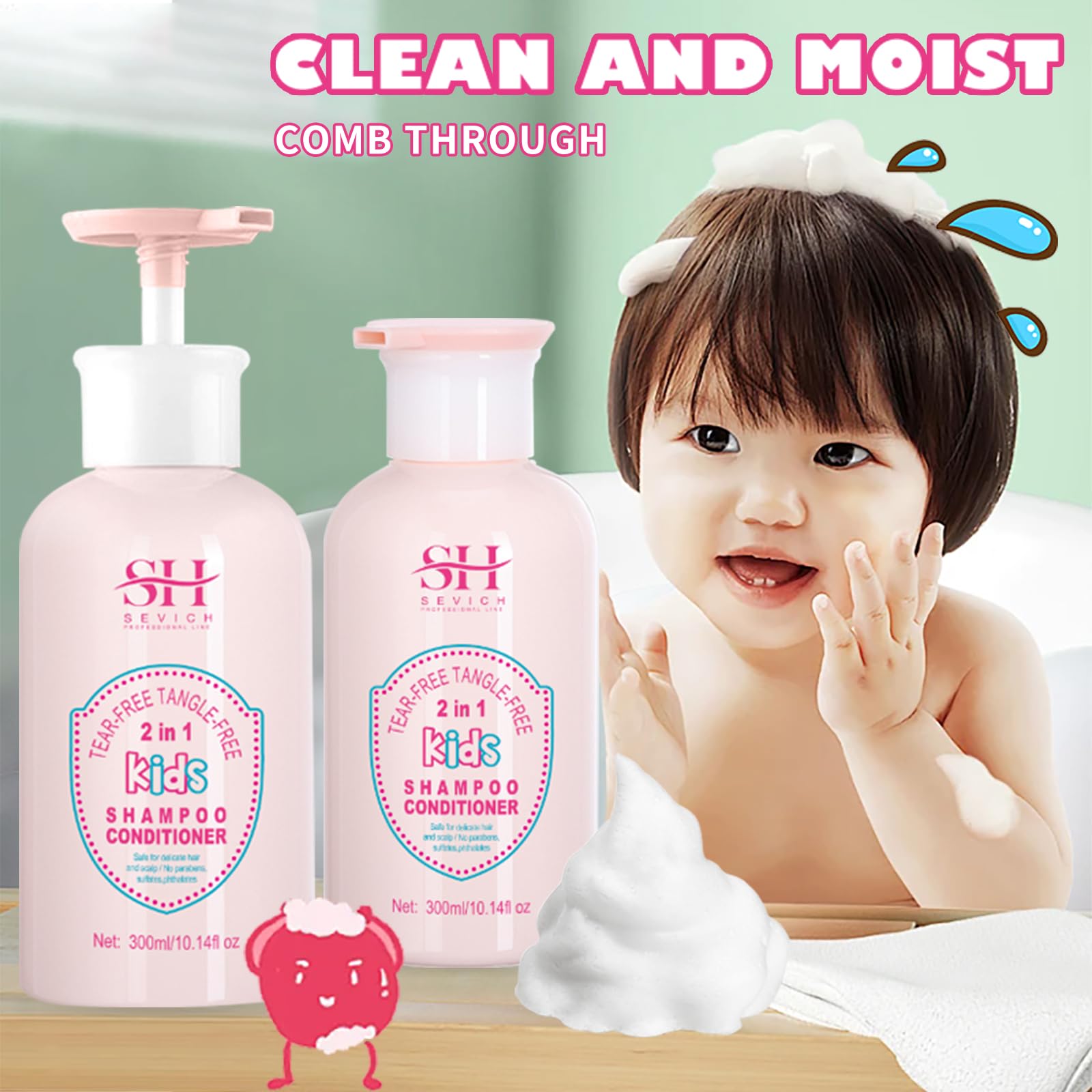 SEVICH Kids 2-in-1 Shampoo & Conditioner - Tear-Free, Hypoallergenic & Sulfate-Free Formula for Gentle Cleansing & Moisturizing - Hydrating for Sensitive Scalp - 10.14 fl oz (300ml) - Perfect for Daily Bath Time & Sensitive Skin Care