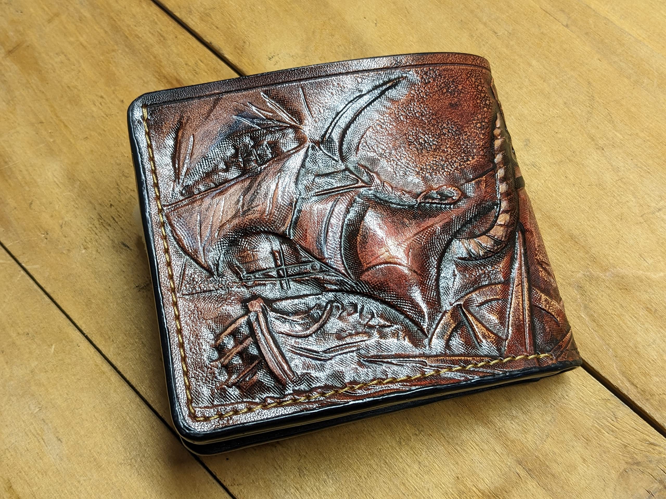 Handcrafted 3D Genuine Leather Anchor & Ship Wheel Wallet for Men - Custom Biker Wallet with Airbrush Art & Carved Design - Perfect for Motorcycle Riders, Nautical Enthusiasts & Unique Gift Giving