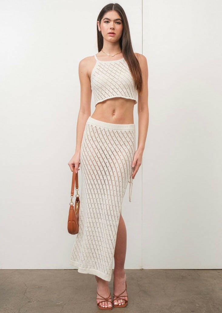 Handmade Crochet Maxi Skirt with Adjustable Side Ties - Off White Boho Beach Skirt for Summer Vacations & Music Festivals