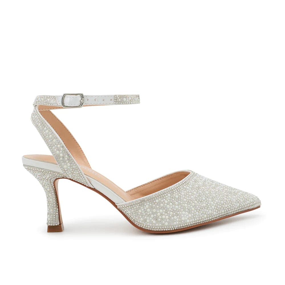 Elegant White Beaded Pearl Ankle Strap Heels for Women - Perfect for Weddings, Parties & Special Occasions
