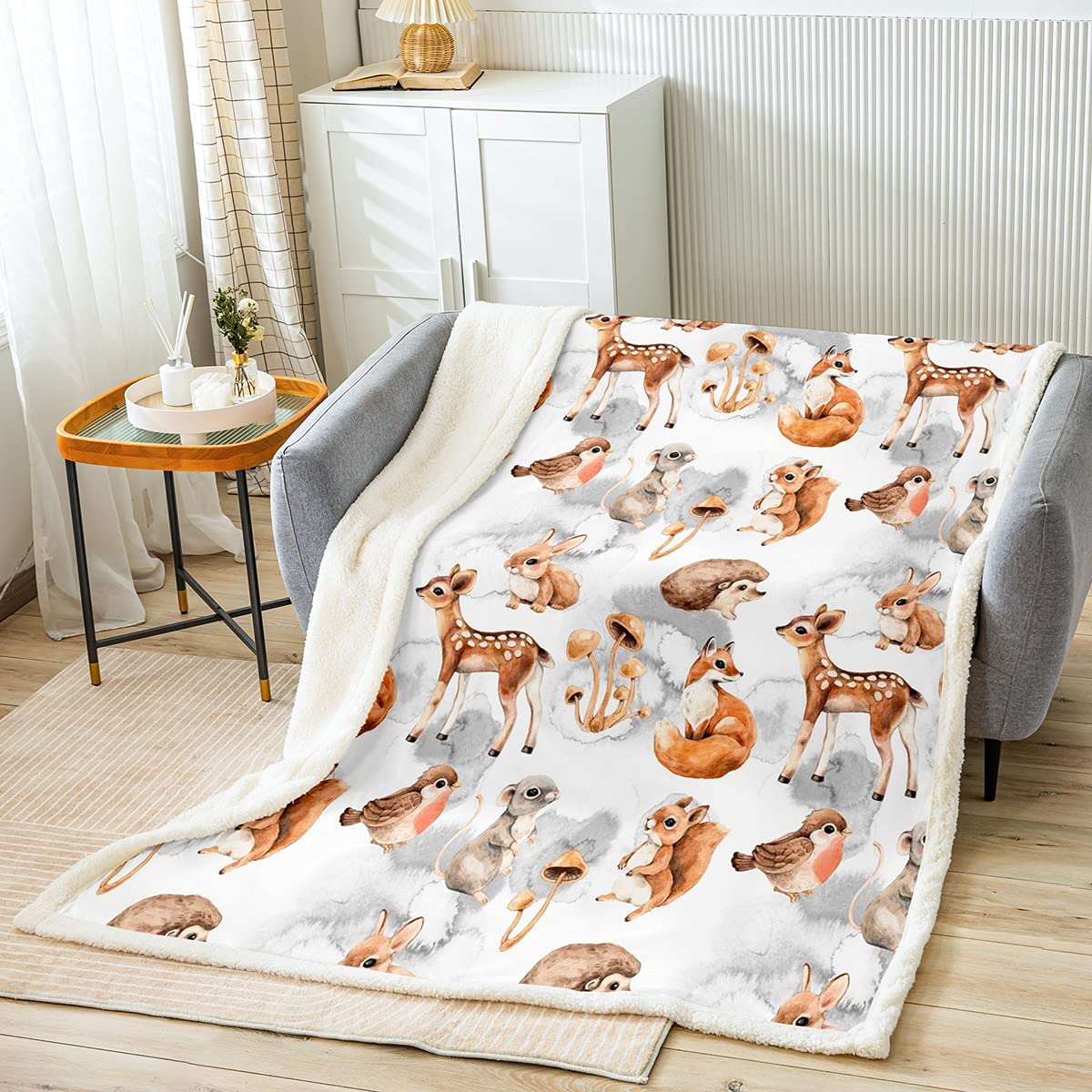Soft Kids Deer Throw Blanket - Cartoon Rabbit Squirrel Mushroom Fleece Blanket for Boys & Girls | Cozy Sherpa Woodland Fox Hedgehog Decor | 30x40 Inch Fuzzy Blanket for Bed, Sofa, Nursery & Baby Room | Perfect for Snuggling, Gift Giving & Nature-Themed Bedroom Decor