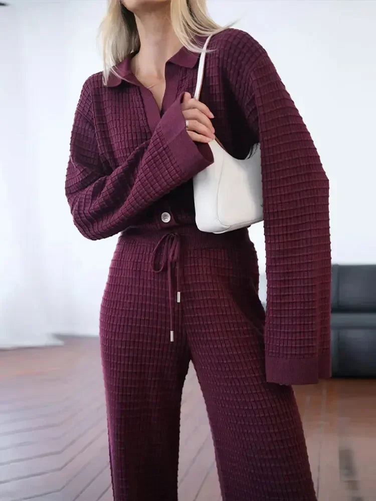 Women's Autumn Wine Red Knit Sweater 2-Piece Set with V-Neck Cardigan & High Waist Wide Leg Pants | Casual Fashion Outfit for Work, Dating & Fall Season