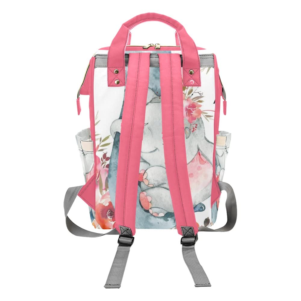 Personalized Elephant Red Flower Diaper Backpack - Waterproof Baby Nursing Travel Bag with Name Tag | Perfect Baby Shower Gift for New Moms | Ideal for Daycare, Park Outings & Family Trips
