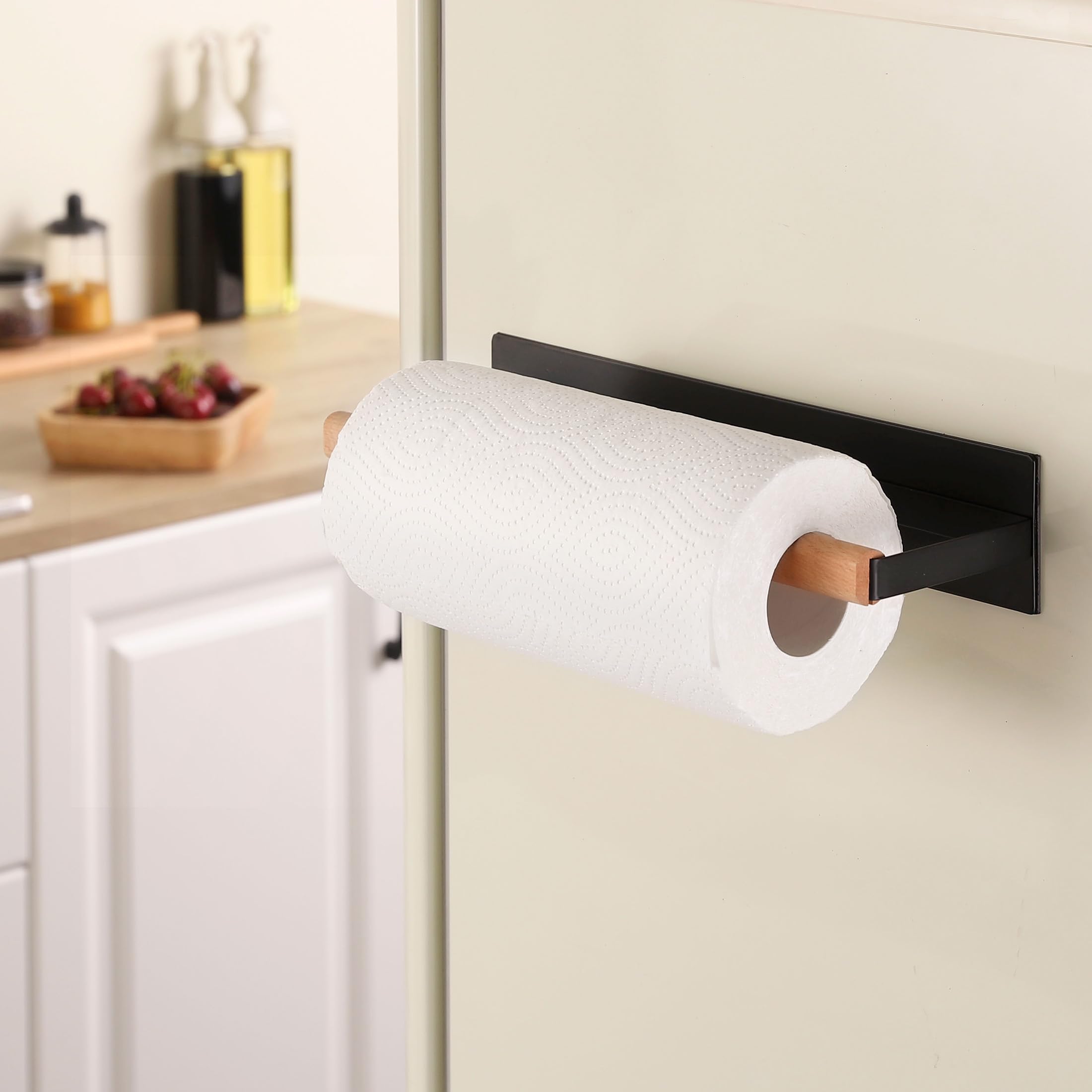 Magnetic Paper Towel Holder for Refrigerator - KES KPH502MA-BK Black Wood & Metal Paper Towel Roll Holder | Space-Saving Kitchen Organizer for Countertops, Cabinets & RVs