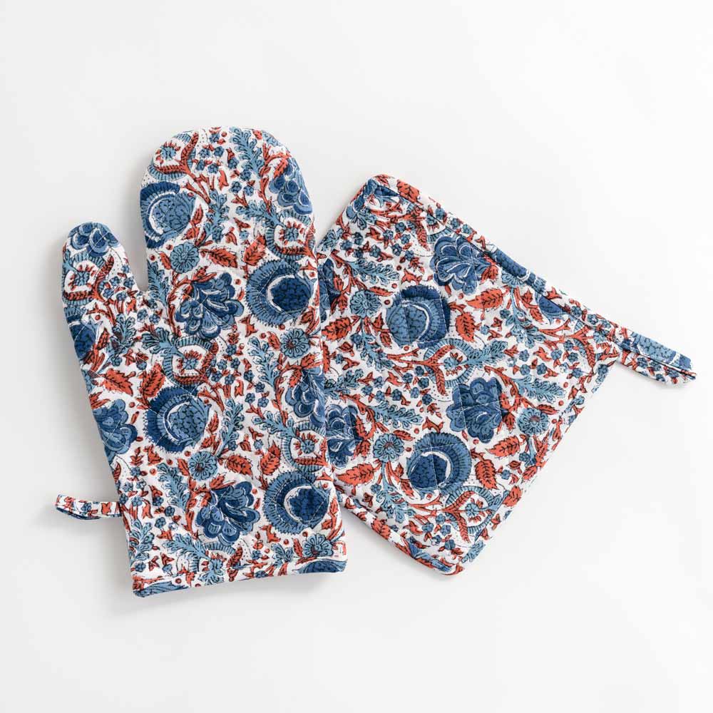 Bohemian Floral Blues & Paprika Oven Mitt Set - Heat Resistant Kitchen Gloves for Baking, Cooking, Grilling - Perfect for Home Chefs and Holiday Gifts