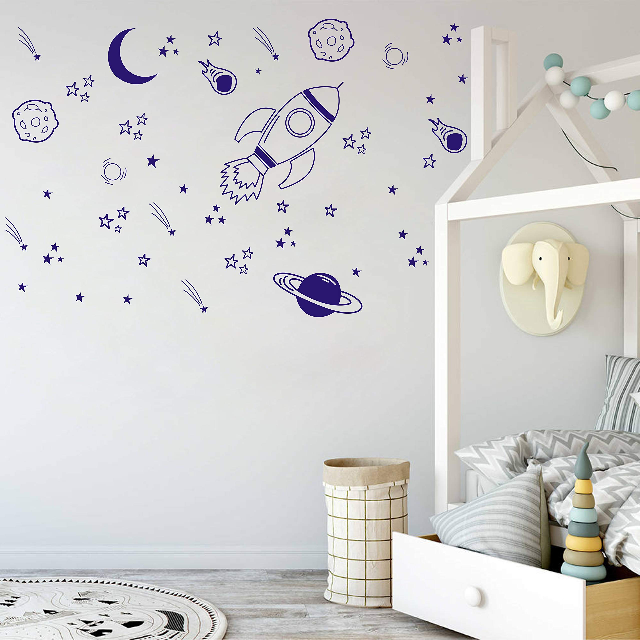 Space Themed Nursery Wall Decals - Rocket & Spaceship Stickers with Planets in Blue (A37) for Kids Room Decor & Baby Boy's Bedroom
