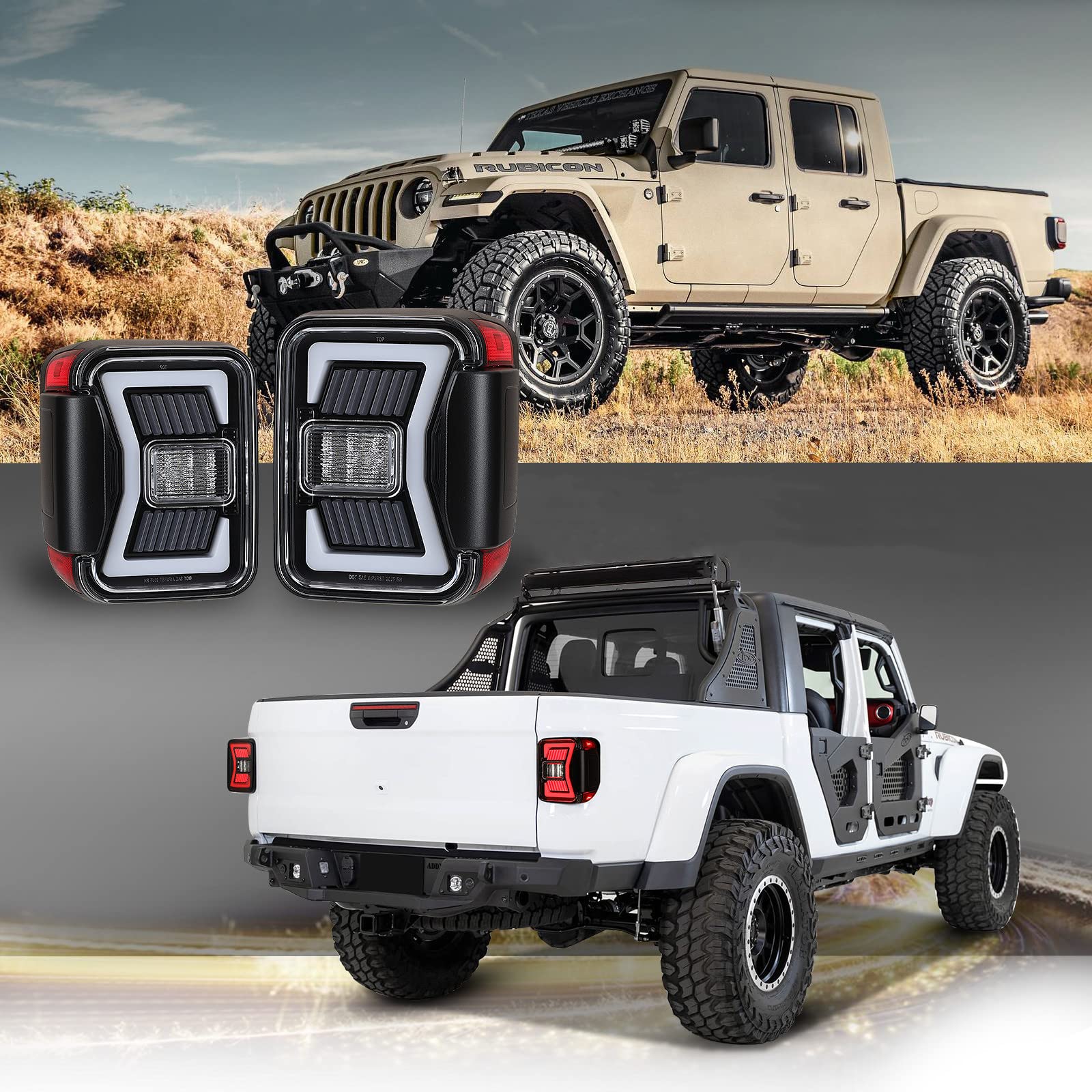 AUTOWIKI LED Tail Lights for 2019-2025 Jeep Gladiator JT - Glossy Black Clear Lens with Sequential Turn Signal - 1 Pair Rear Lamps Replacement - Perfect for Off-Roading & Night Driving