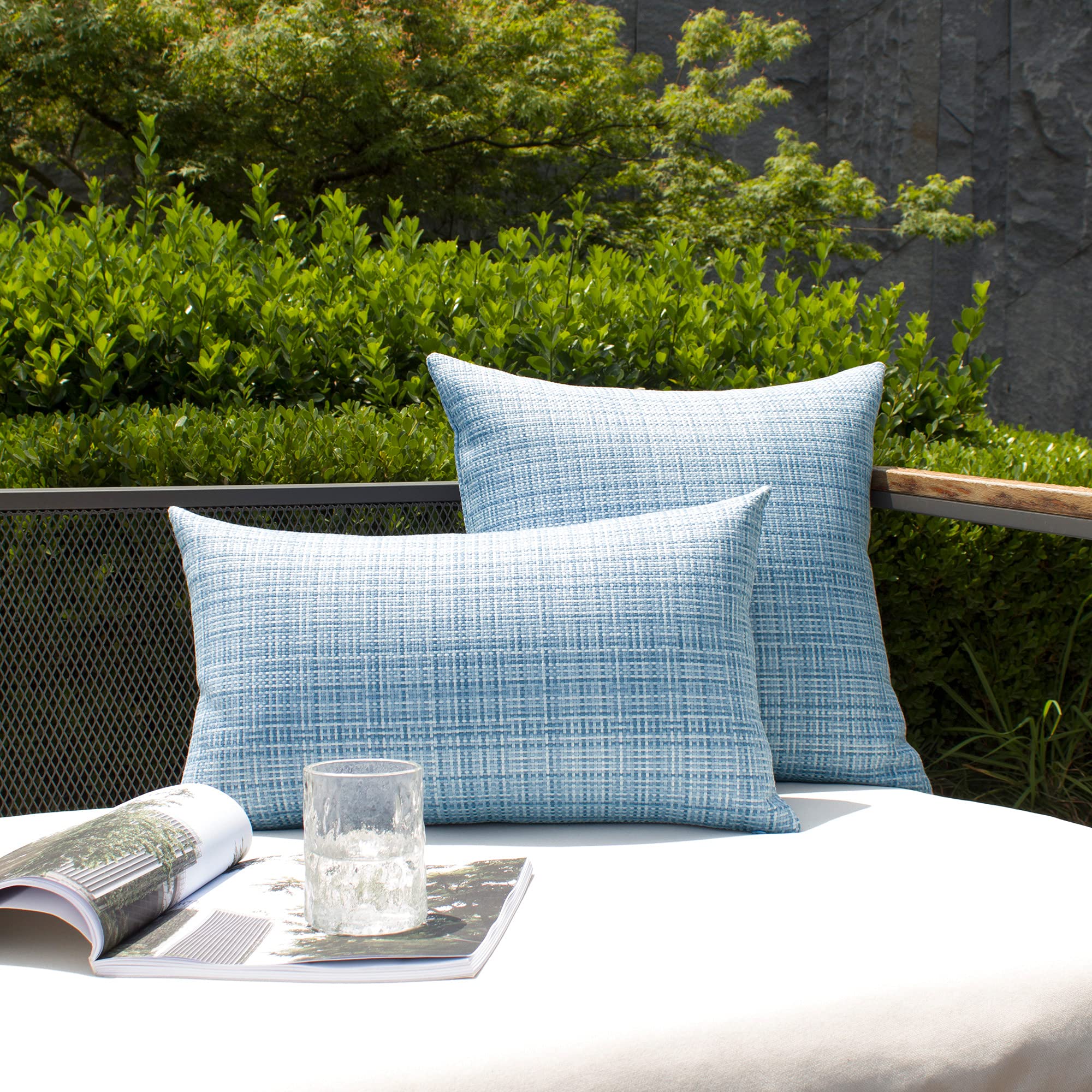 Kevin Textile 2-Pack Waterproof Outdoor Decorative Pillow Covers - 20x20 Inch Stripe Square Cushion Cases for Patio, Couch, Bench - Light Blue - Weatherproof & UV Resistant for Garden, Poolside, and Porch Use