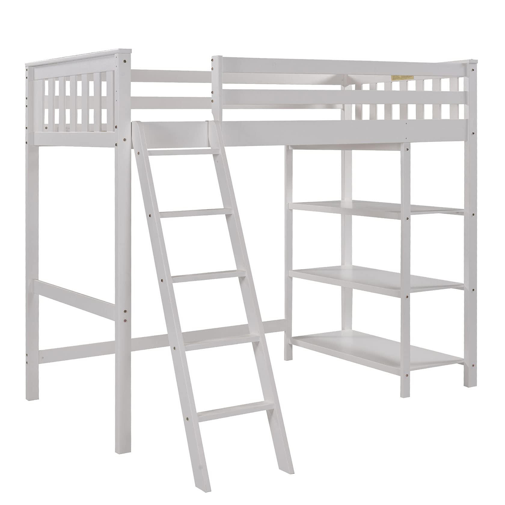 Twin Size Loft Bed with Storage Shelves - Solid Pine Wood Loft Bed Frame for Kids, Teens & Adults - No Box Spring Needed - Space Saving Design - Perfect for Small Bedrooms, Dorms & Studio Apartments