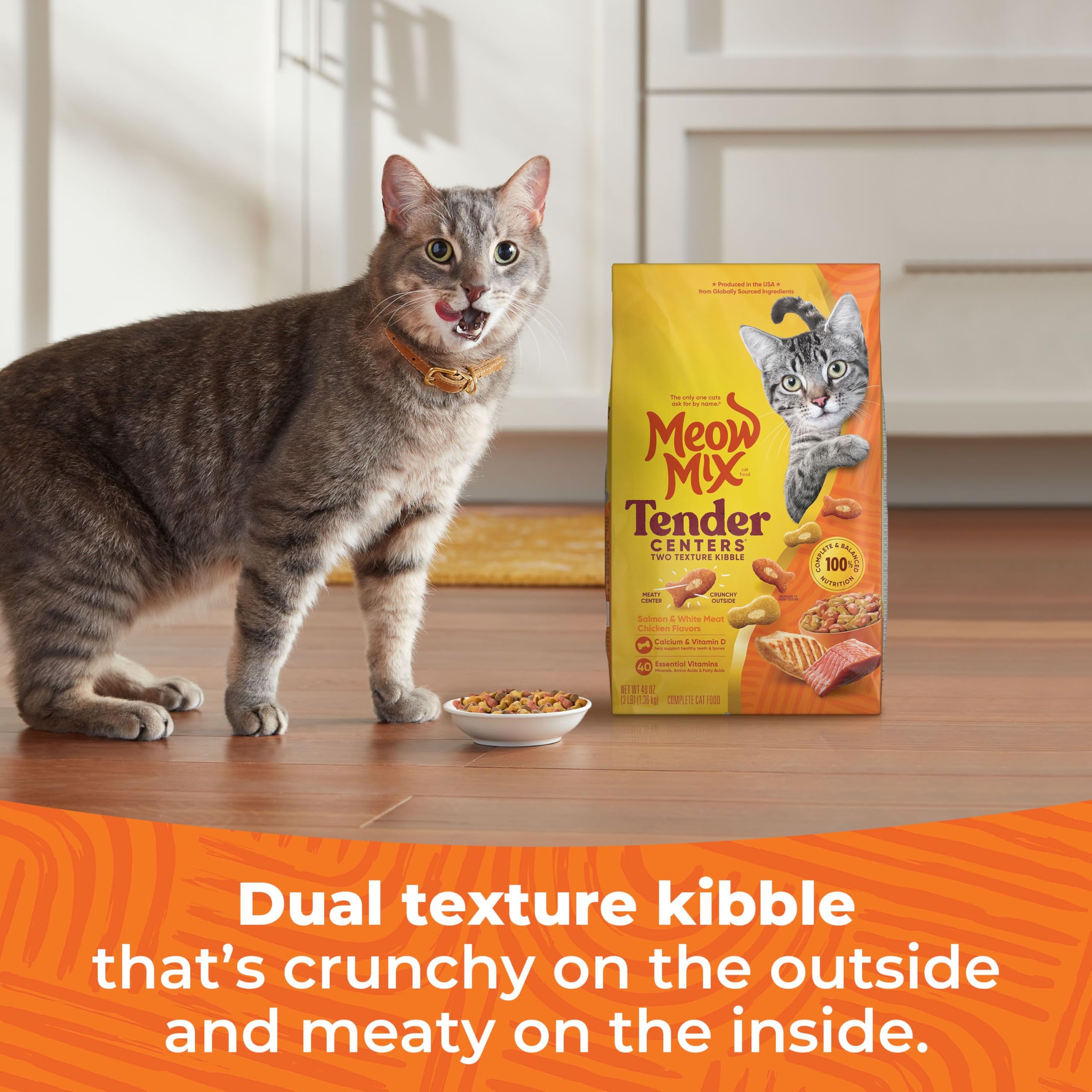 Meow Mix Tender Centers Dry Cat Food - Salmon & Chicken Flavor, 3lb Bag - Crunchy Outside with Meaty Inside for Adult Cats - Perfect for Daily Feeding & Weight Management