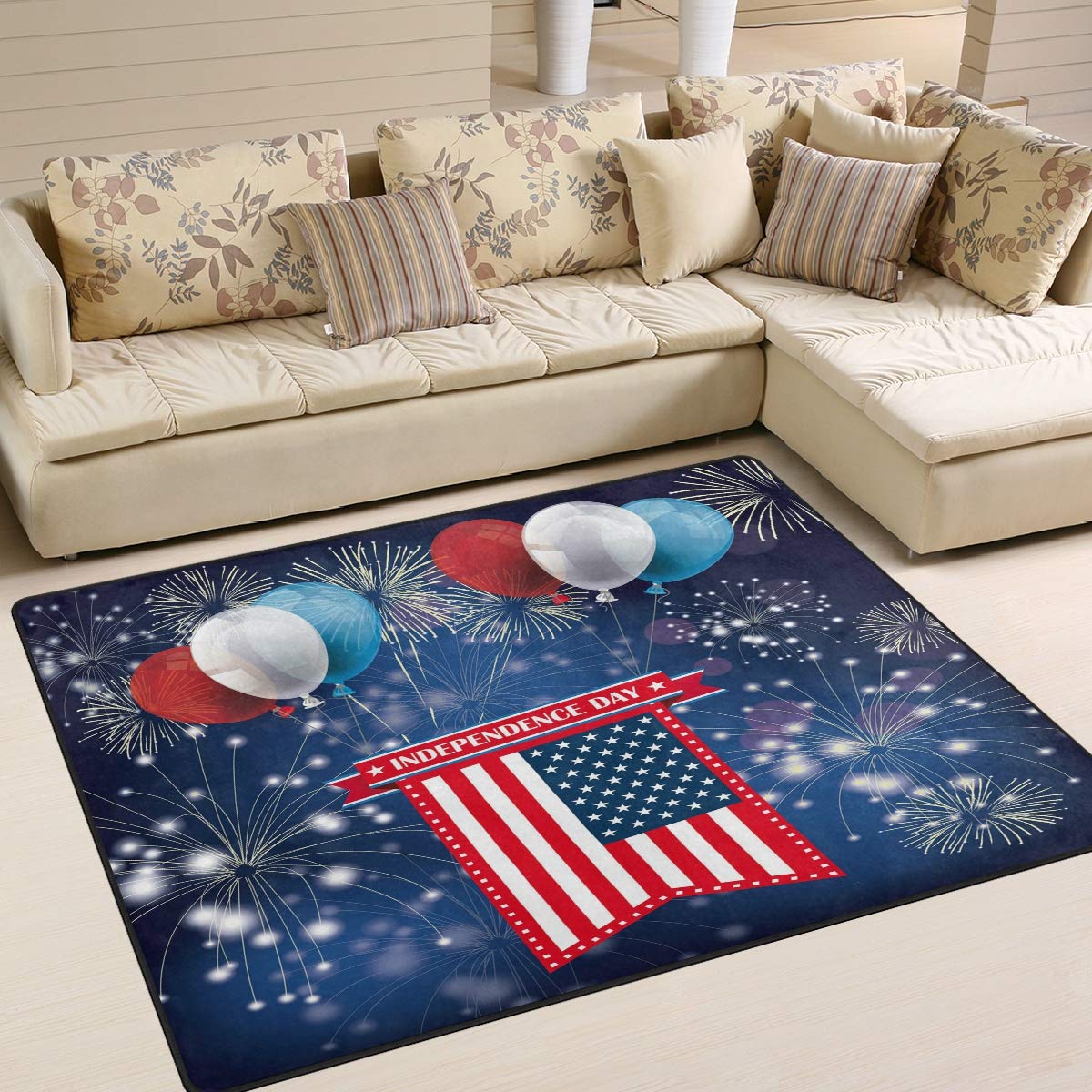 ALAZA Patriotic American Flag Vintage Area Rug 5' x 7' - Fireworks Design for Independence Day Decor, Perfect for Living Room & Bedroom - Adds Festive Touch to Home, Office, or Dorm