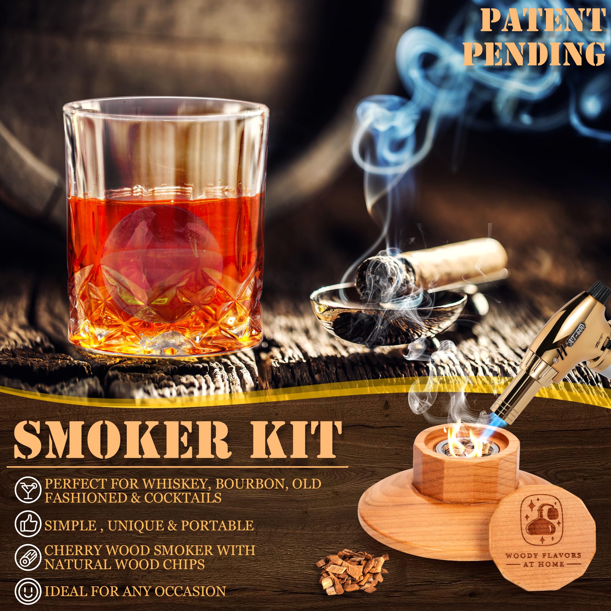 Premium Old Fashioned Cocktail Smoker Kit - Whiskey & Bourbon Smoking Set with Cherry Wood Chips, Culinary Torch, Ice Spheres, 2 Coasters & 2 Glasses - Perfect for Home Bars, Cocktail Parties & Gift Giving