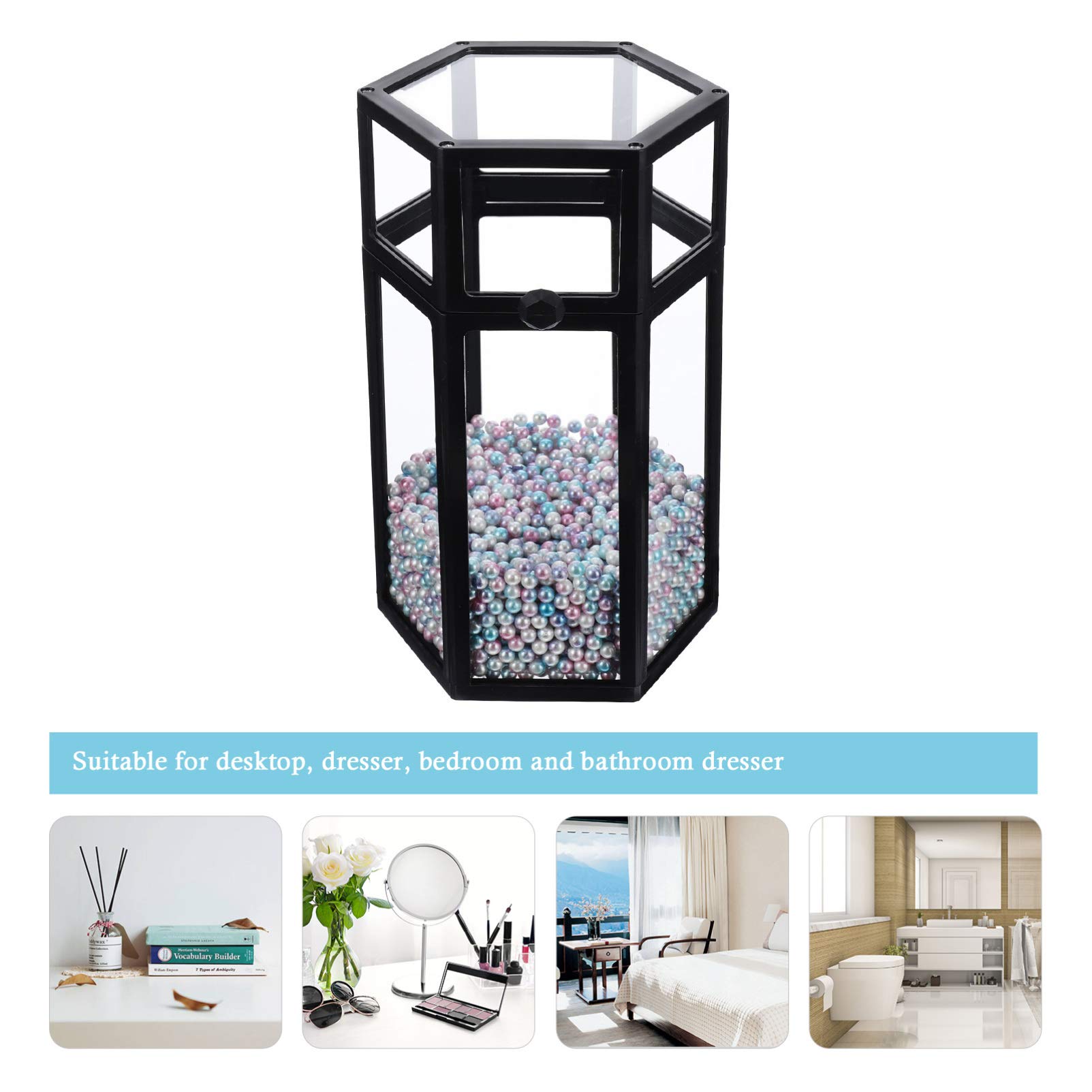 FRCOLOR Hexagon Clear Makeup Brush Holder with Lid & Beads - Travel Cosmetic Organizer for Brushes, Pens & Pencils - Perfect for Home Vanity, Salon & On-the-Go Makeup Storage