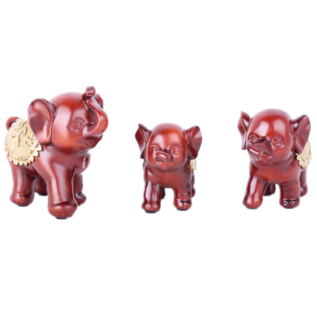 Vintage Small Elephant Ornament Set - 3 Piece Cute Elephant Figurines for Home Decor, Gift, Shelf Display - Retro Red Elephants for Living Room, Bedroom, Office Desk Decor