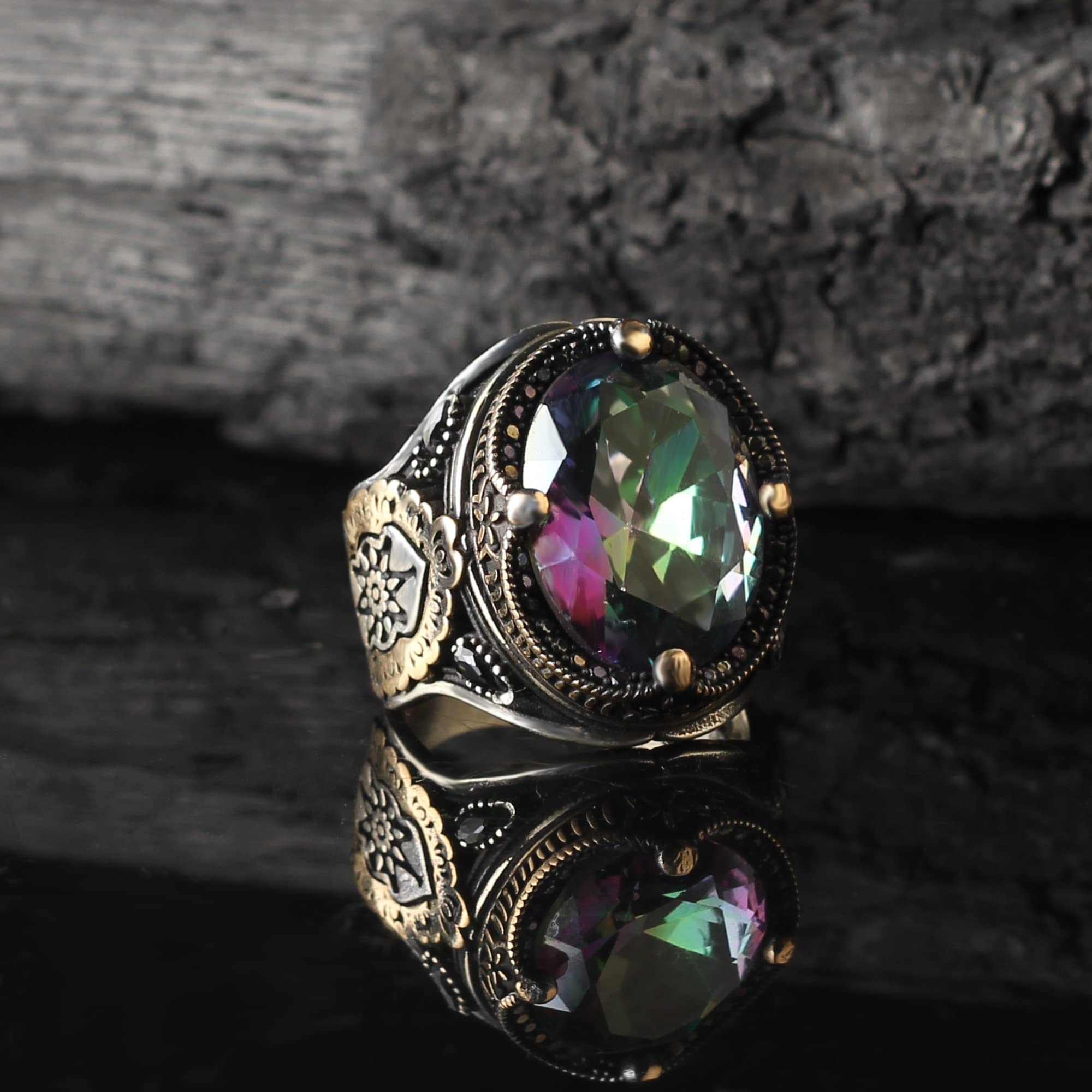 925 Sterling Silver Men's Ring with Mystic Topaz Gemstone - Handmade Turkish Silver Jewelry for Men - Valentine's Day, Anniversary & Birthday Gifts for Him - Perfect for Weddings, Engagements & Special Occasions