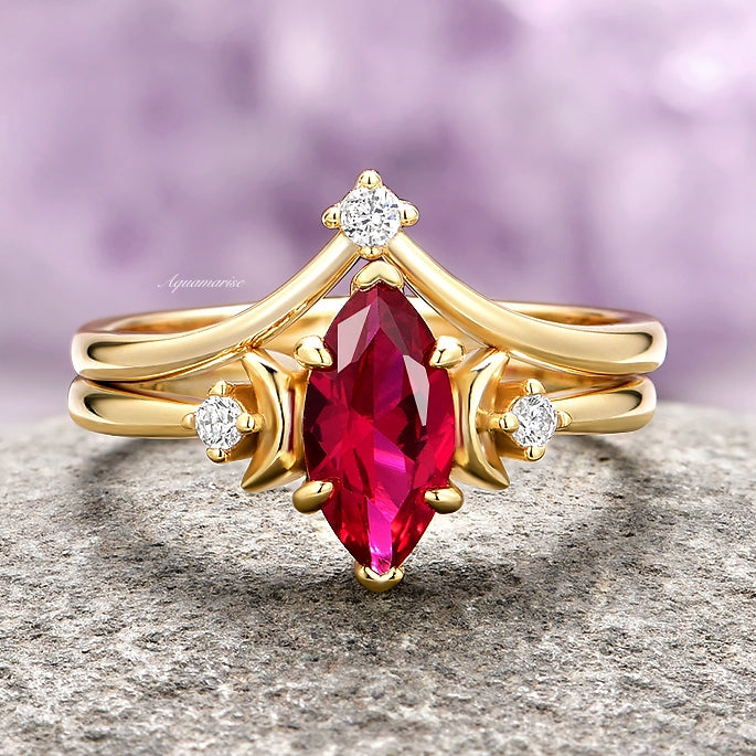 14K Solid Yellow Gold Ruby Crescent Moon Ring Set for Women - Elegant Stackable Rings for Everyday Wear, Gift for Her, Birthday, Anniversary & Special Occasions