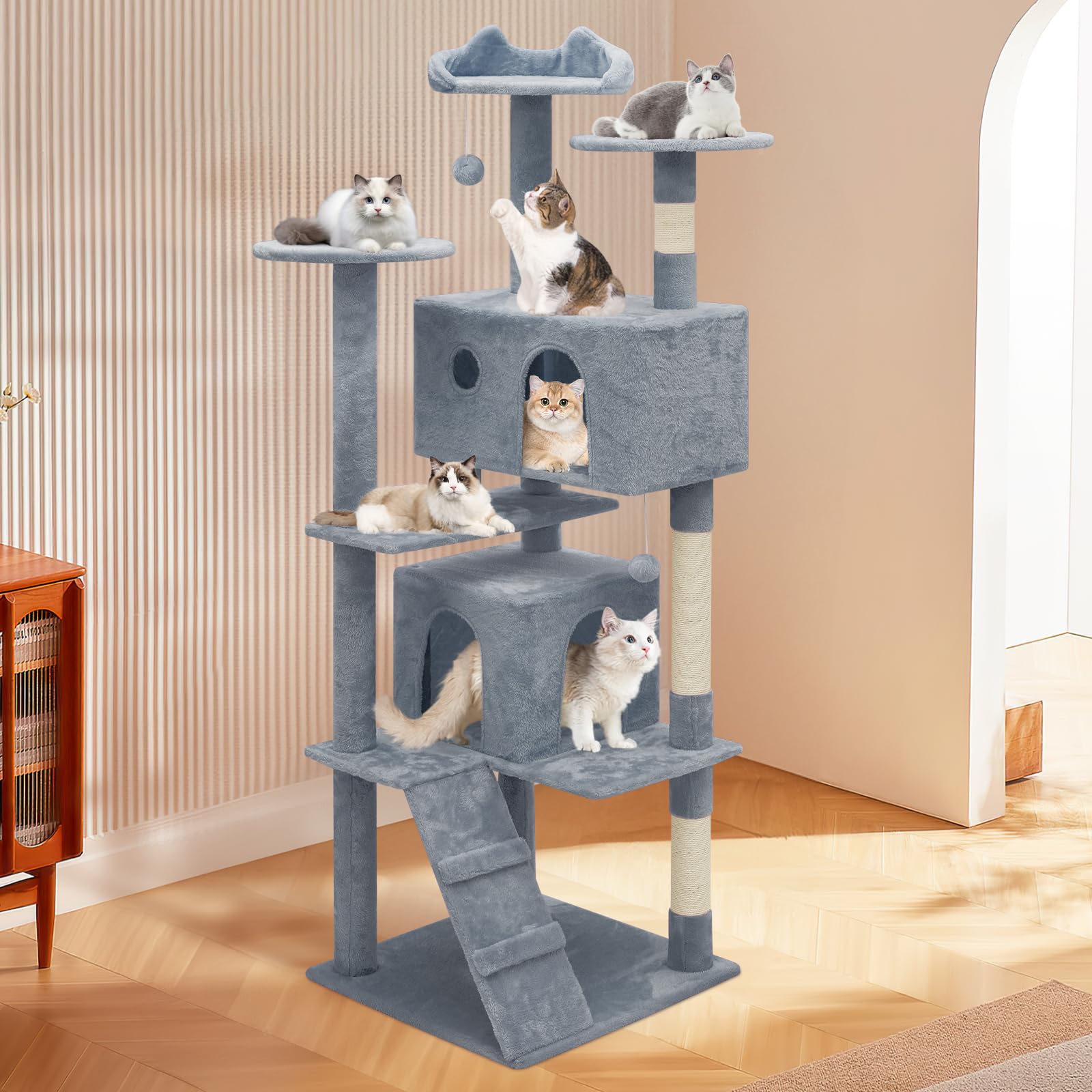 **MoNiBloom 70-Inch Tall Cat Tree Tower with 2 Condos & Scratching Posts - Sturdy Cat Climbing Tower for Indoor Cats, Light Grey - Perfect for Play, Rest & Scratching in Small Spaces**