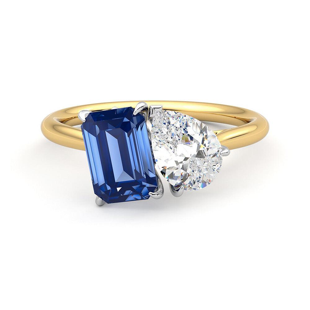 Toi et Moi Pear Shaped Moissanite & Emerald Cut Sapphire Engagement Ring - Unique Bridal Jewelry for Wedding Proposals & Anniversary Gifts