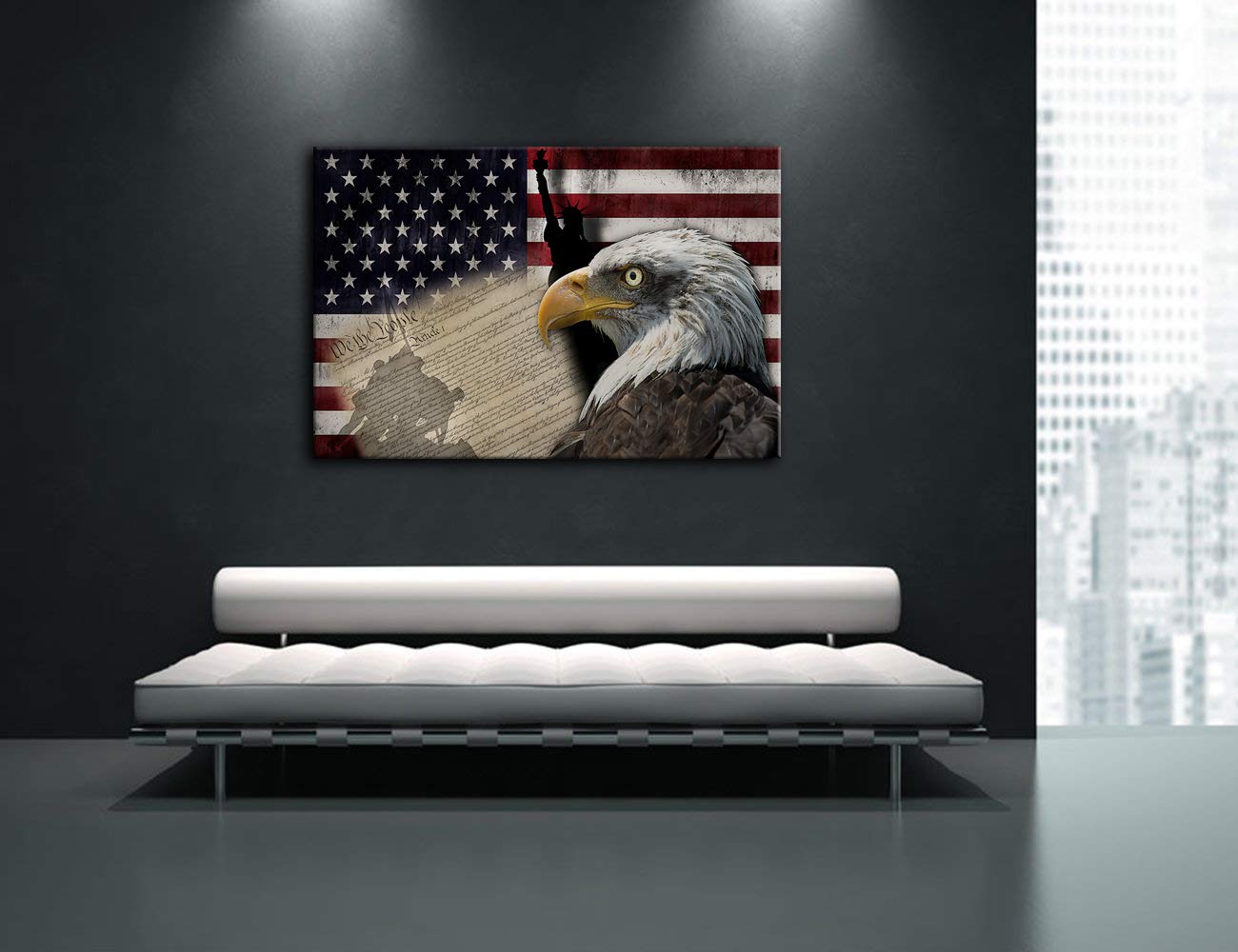 Patriotic American Flag & Bald Eagle Canvas Wall Art - Statue of Liberty & US Declaration of Independence Painting - Framed Ready to Hang Home Decor for Living Room, Office & Man Cave - Perfect for Fourth of July & Veterans Day Decorations