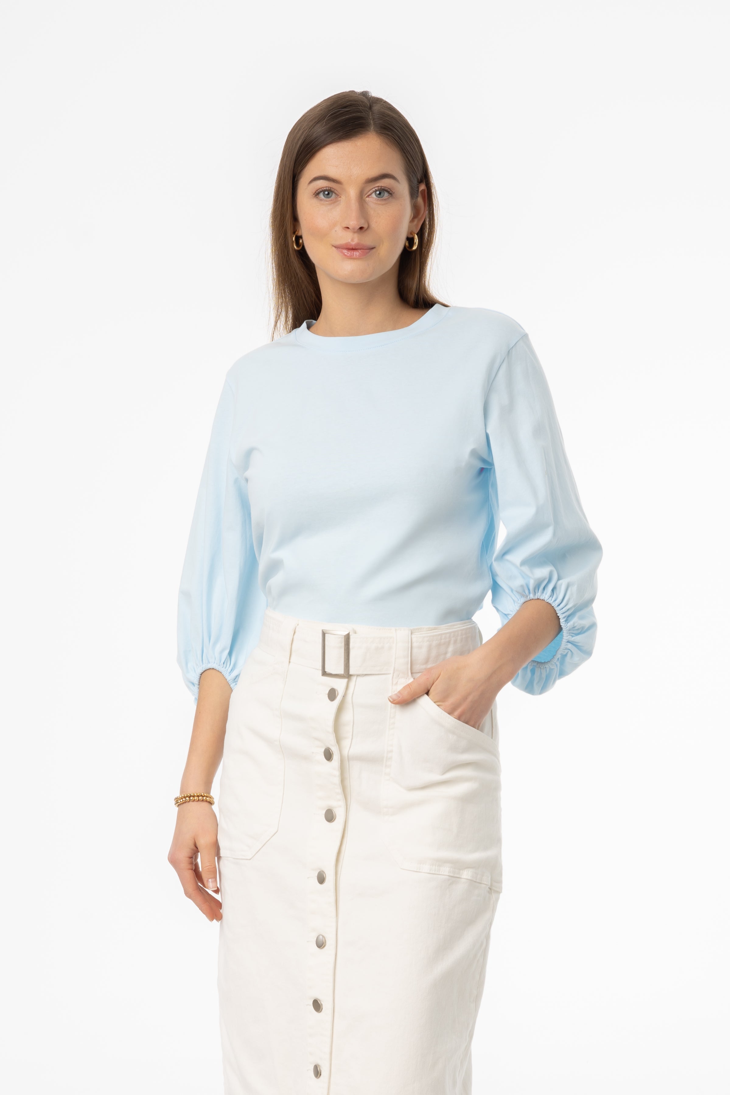 Sky Gathered Sleeve T-Shirt for Women - Trendy Flutter Sleeve Blouse - Perfect for Casual Wear, Date Nights & Summer Outfits