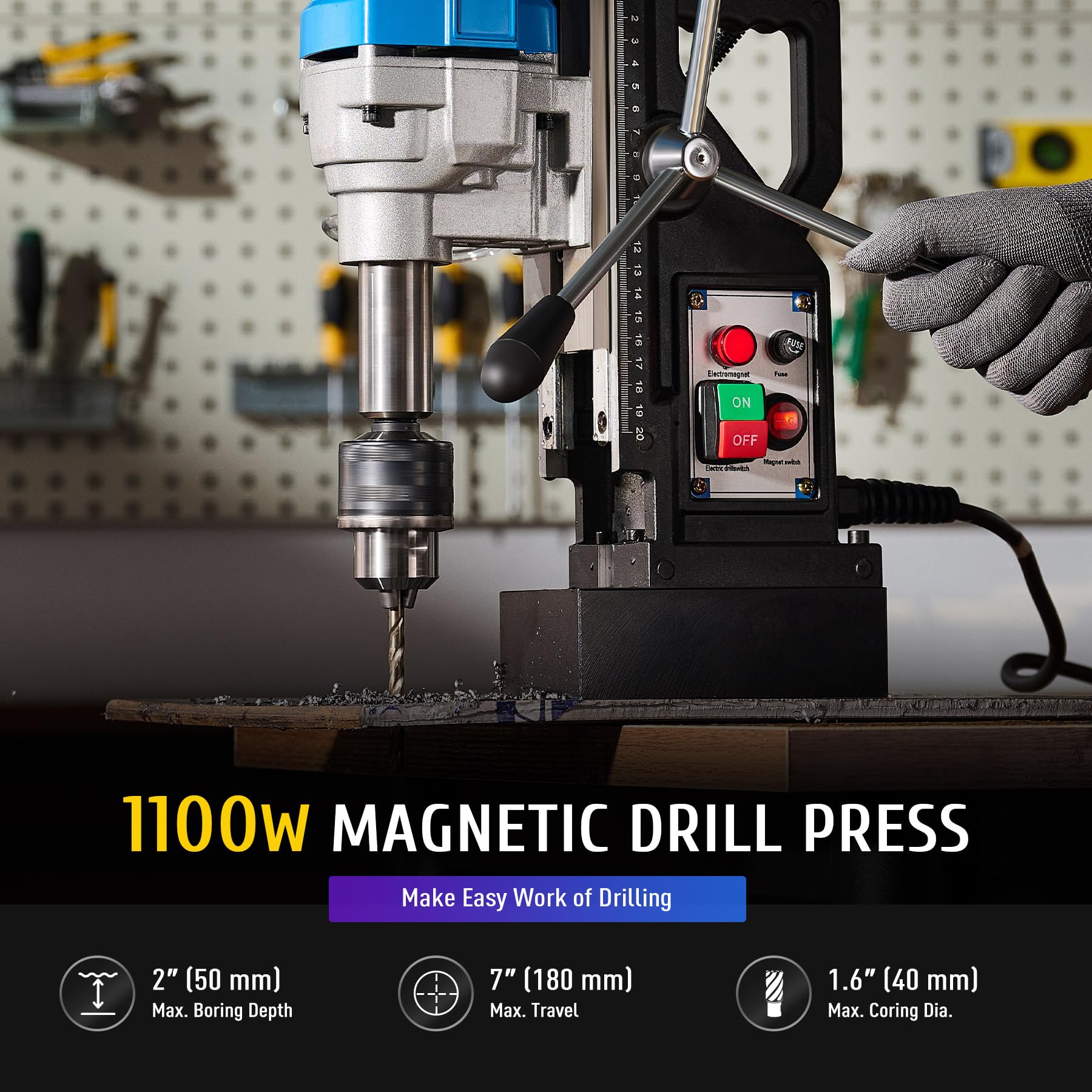 ZELCAN 1100W Heavy Duty Portable Magnetic Drill Press - 2700 lbf Power, 1.6