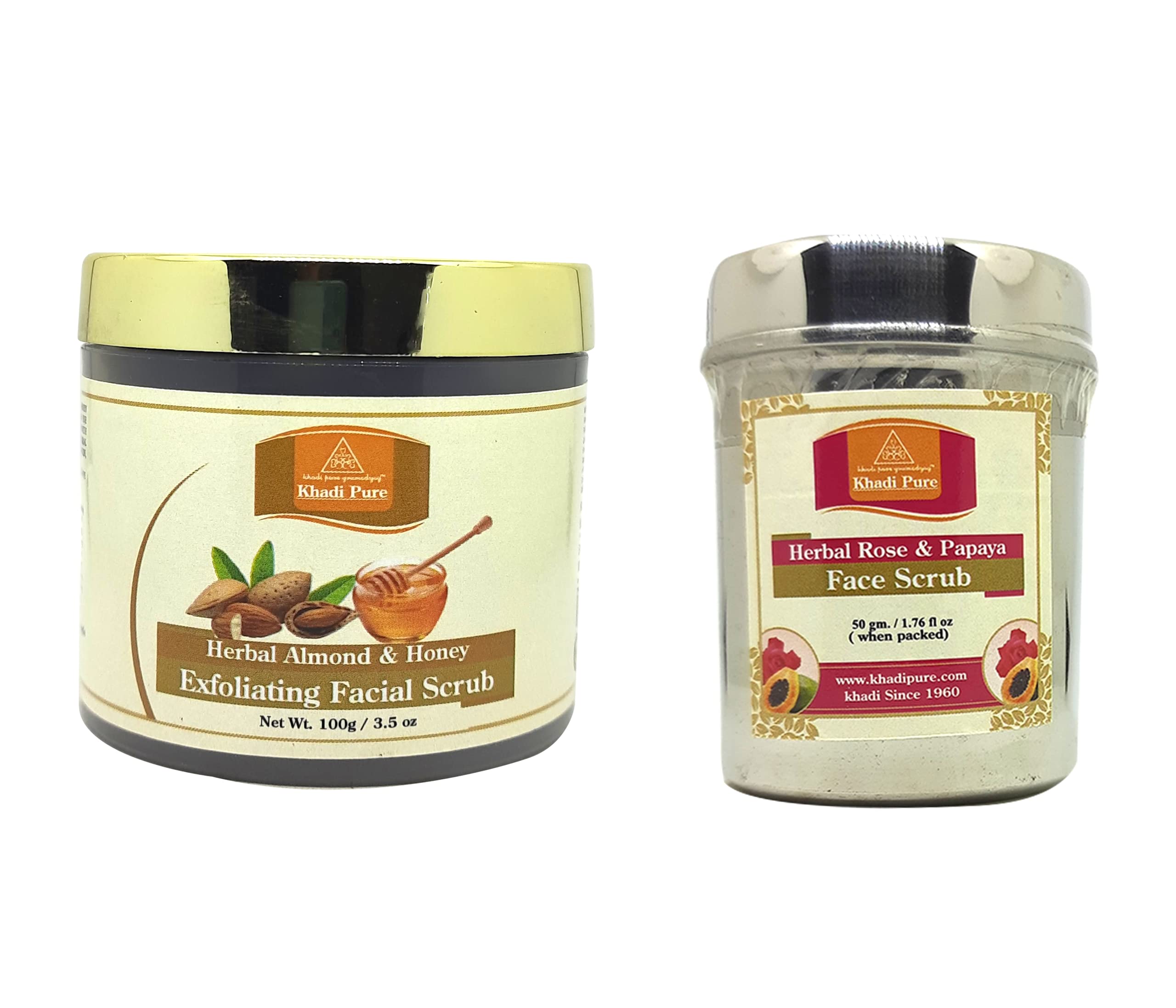 Khadi Pure Rose Papaya & Almond Honey Face Scrub 100G & 50G (Pack of 2) - Natural Exfoliating Cleanser for Glowing Skin - Perfect for Daily Skincare Routine & Spa Treatments