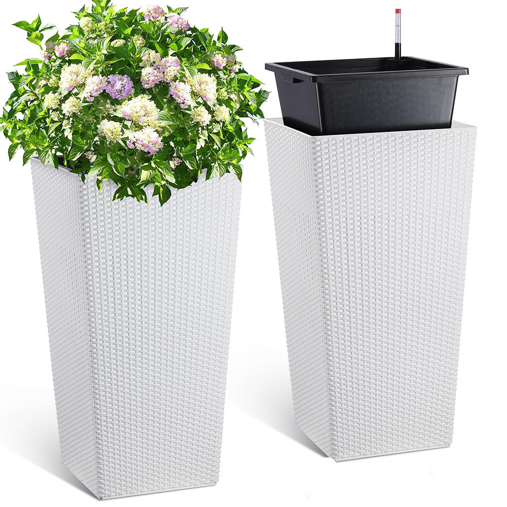 GARVEE 30 Inch Tall Rattan Planter Set of 2 - Large Indoor Outdoor Flower Pots with Trays, Water Level Monitor & Wheels - Perfect for Patio, Porch, Living Room, Home Office Decor - White