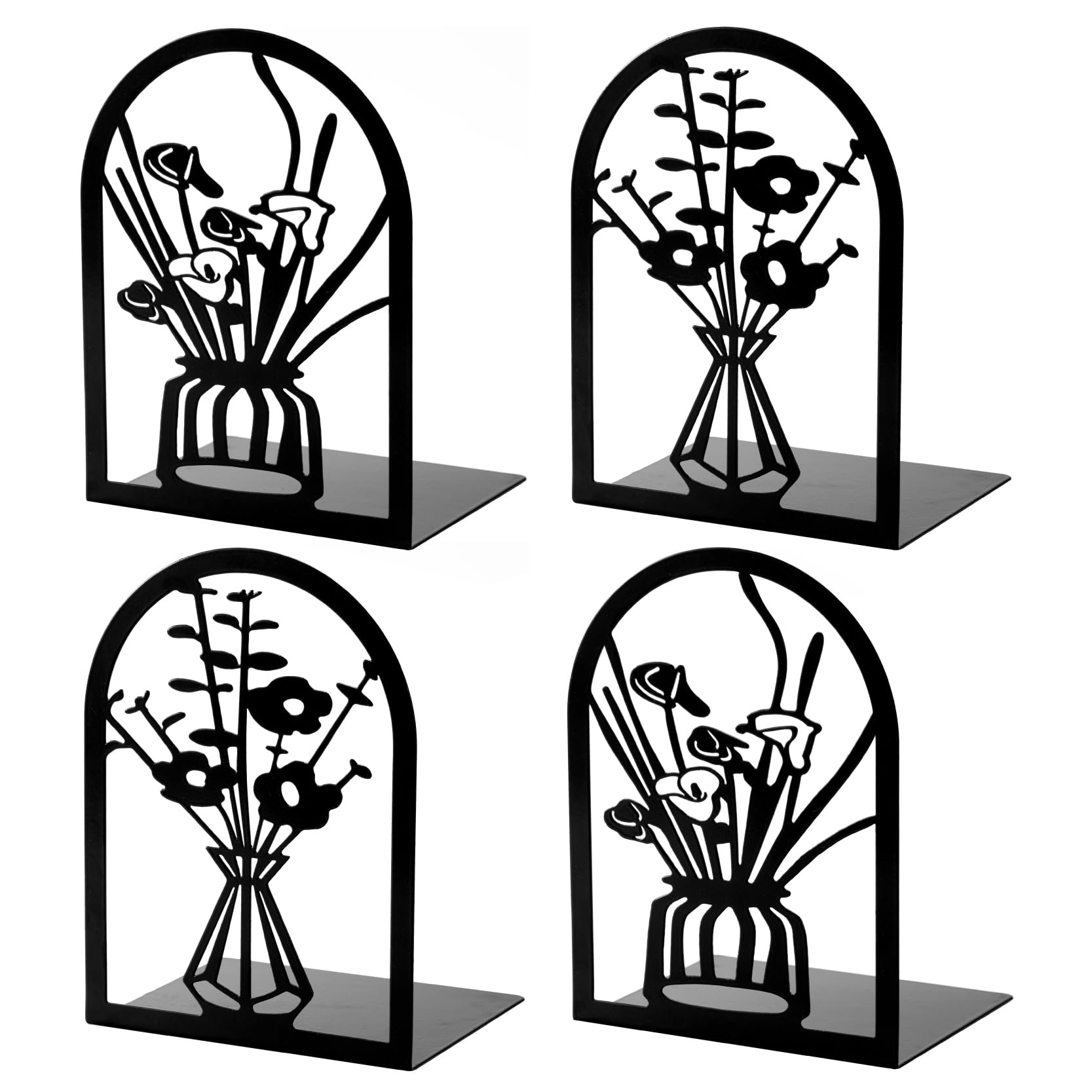 Metal Bookends for Heavy Books - 2 Pairs Flower Design for Shelves & Home Office Decor