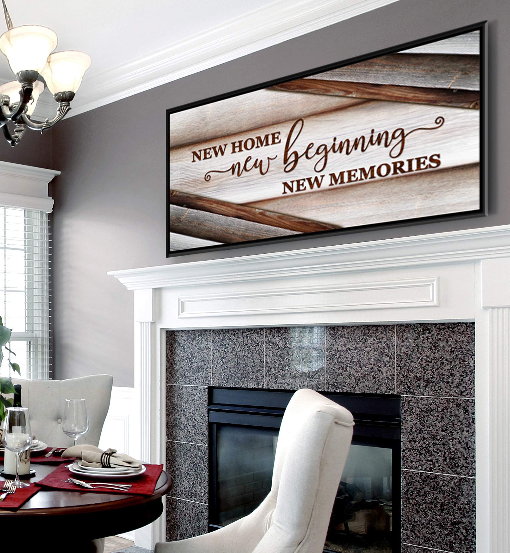 Wooden Framed Canvas Wall Art - Sense of Art New Home New Beginnings V15 - Rustic Religious Home Decor for Living Room - Housewarming Gift (Brown, 60x27 Inch Black Floating Frame) - Perfect for Farmhouse, Apartment & Office Decor