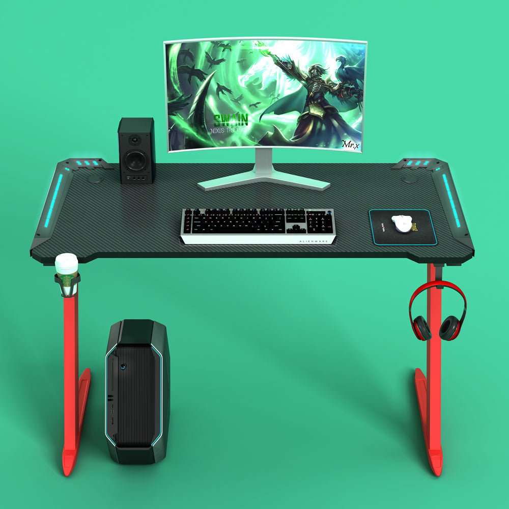 140cm RGB Gaming Desk with LED Lights - Carbon Fiber Z-Shaped Design for Home Office & PC Gaming - Perfect for Esports, Streaming & Workstations